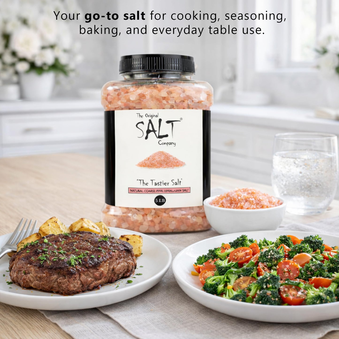 The Original Salt Company Pink Himalayan Salt, 100% organic, kosher, coarse, and gluten-free. Perfect for cooking, seasoning, and enhancing dishes with its mild, mineral-rich flavor. (5 LB Plastic Container, Coarse Pink Himalayan Salt)