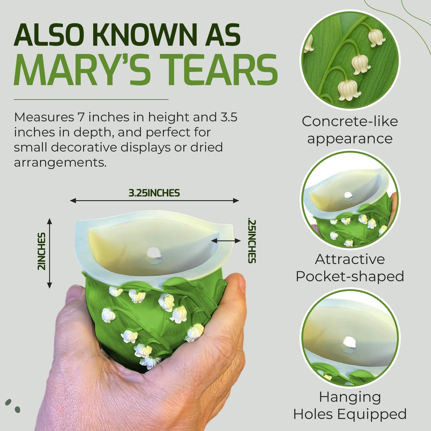 Lily of the Valley Wall Planter – Also Known as Mary’s Tears – Ibis and Orchid Designs – Hand Painted Bonded Marble – 7 x 3.5 Inches – Wall Pocket Floral Sculpture with Hanging Slot