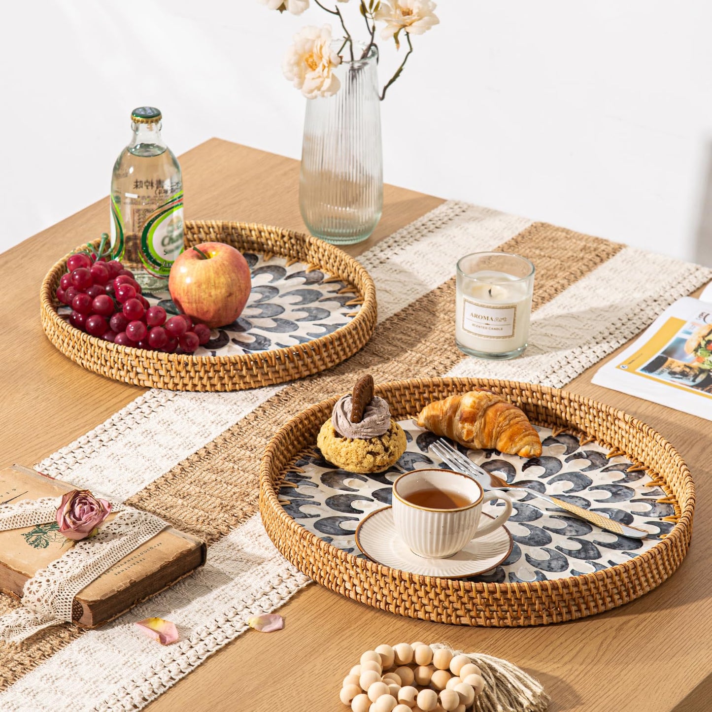 14 inch Round Rattan Tray Home Decor, Wicker Serving Tray with Mother of Pearl Inlay, Boho Decorative Tray for Coffee Table, Ottoman, Kitchen Table, Bathroom (Coastal Blue)