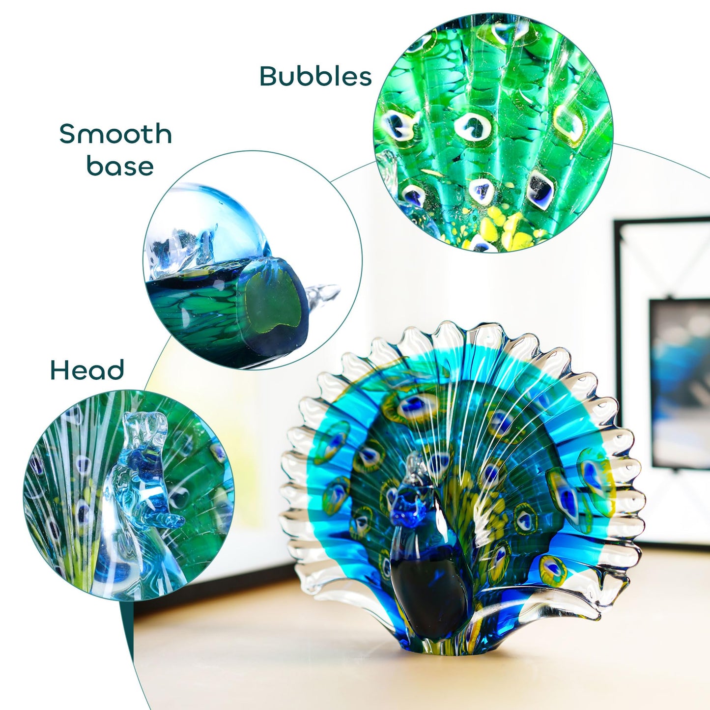Crystalsuncatcher Hand Blown Glass Peacock Figurines Collectible Gift for Women Glass Art Animal Sculpture for Home Table Decorations (7.5in,Green)