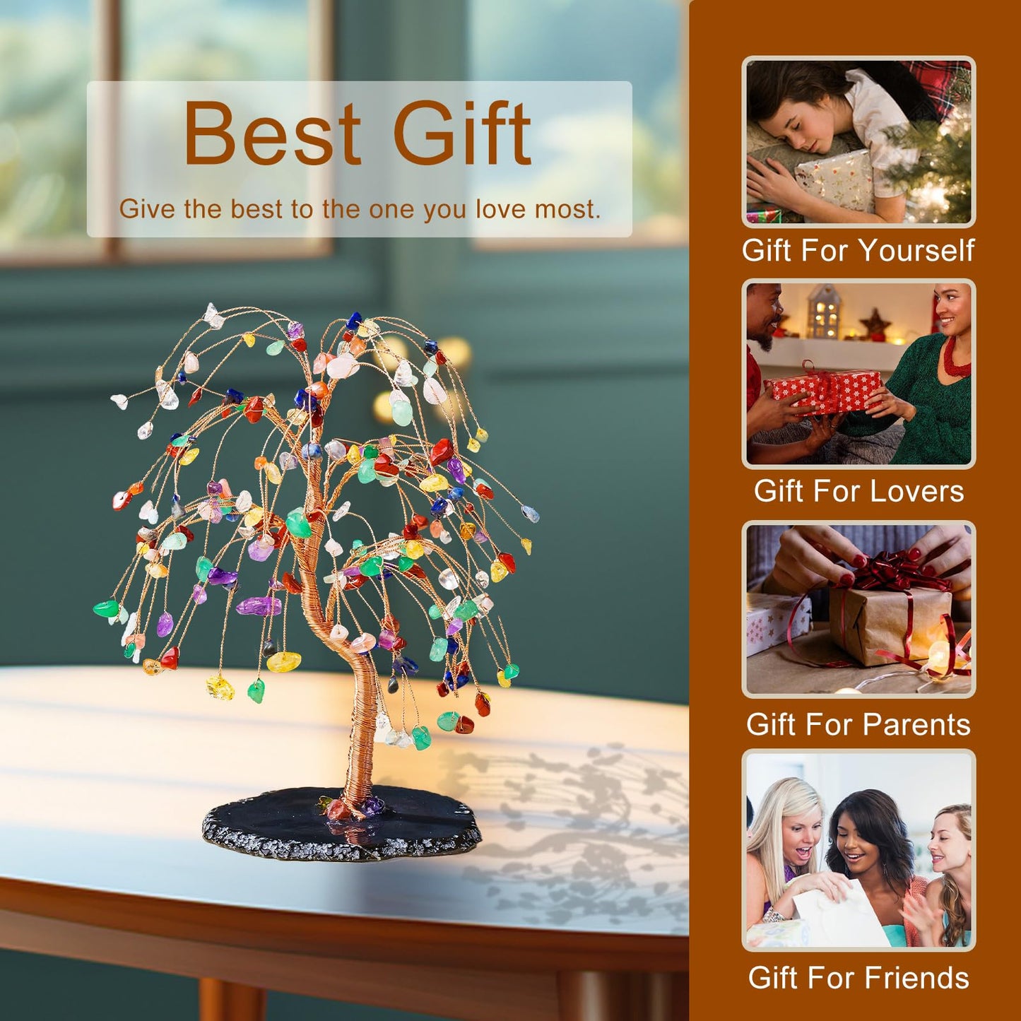 Runyangshi Chakra Crystal Tree of Life Handmade with Copper Wire - 7-8" Natural Healing Crystal Willow Tree Geode Agate Slices Base for Home Decor, Feng Shui Gifts, Office Desk Ornament