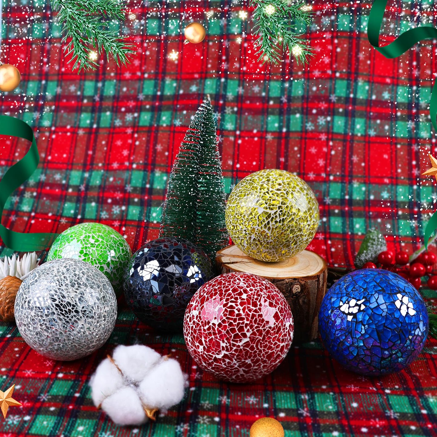 Yazikisa 3 Pack Blue Decorative Orbs Mosaic Crack Glass Balls Decor Solid Sphere Globe Bowl Vase Fillers Holiday Living Room Mantle Basket Centerpiece 3.35 Inch