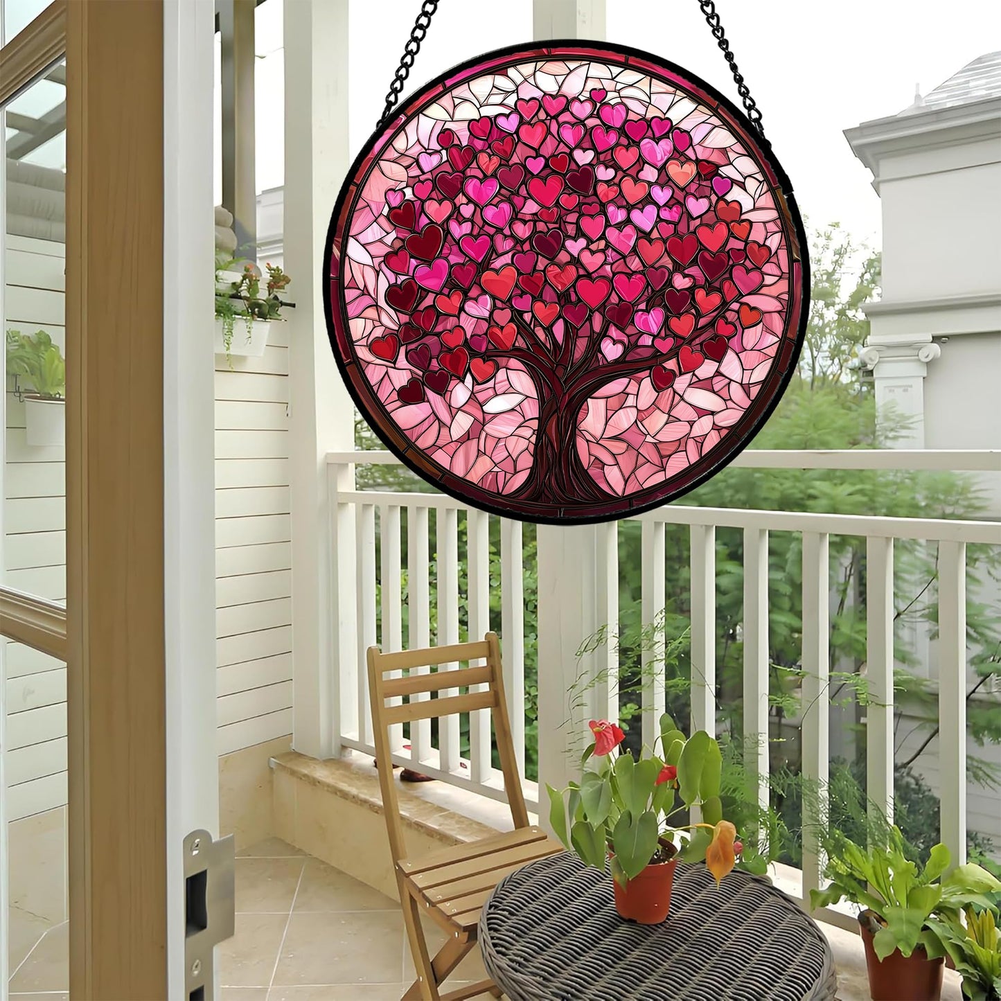 Stained Glass Window Hanging, Birthday Gifts for Women Mom Grandma Nana Wife Couple, Pink Love Tree Suncatcher for Doors Window Home Sun Catchers Gifts Decor 7.8 in