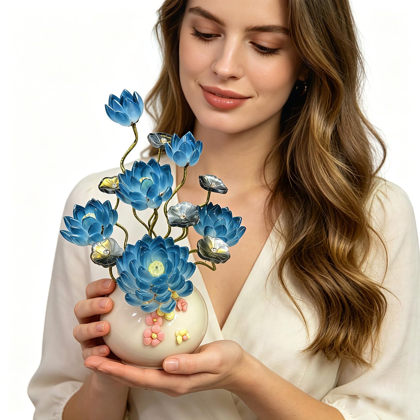 Handmade Art Glass Lotus Flower Arrangement in Vase, Blue Glass Floral Sculpture, Elegant Home Decor Accent, Decorative Centerpiece Gift for Mom, Women, Housewarming (Sapphire Blue)