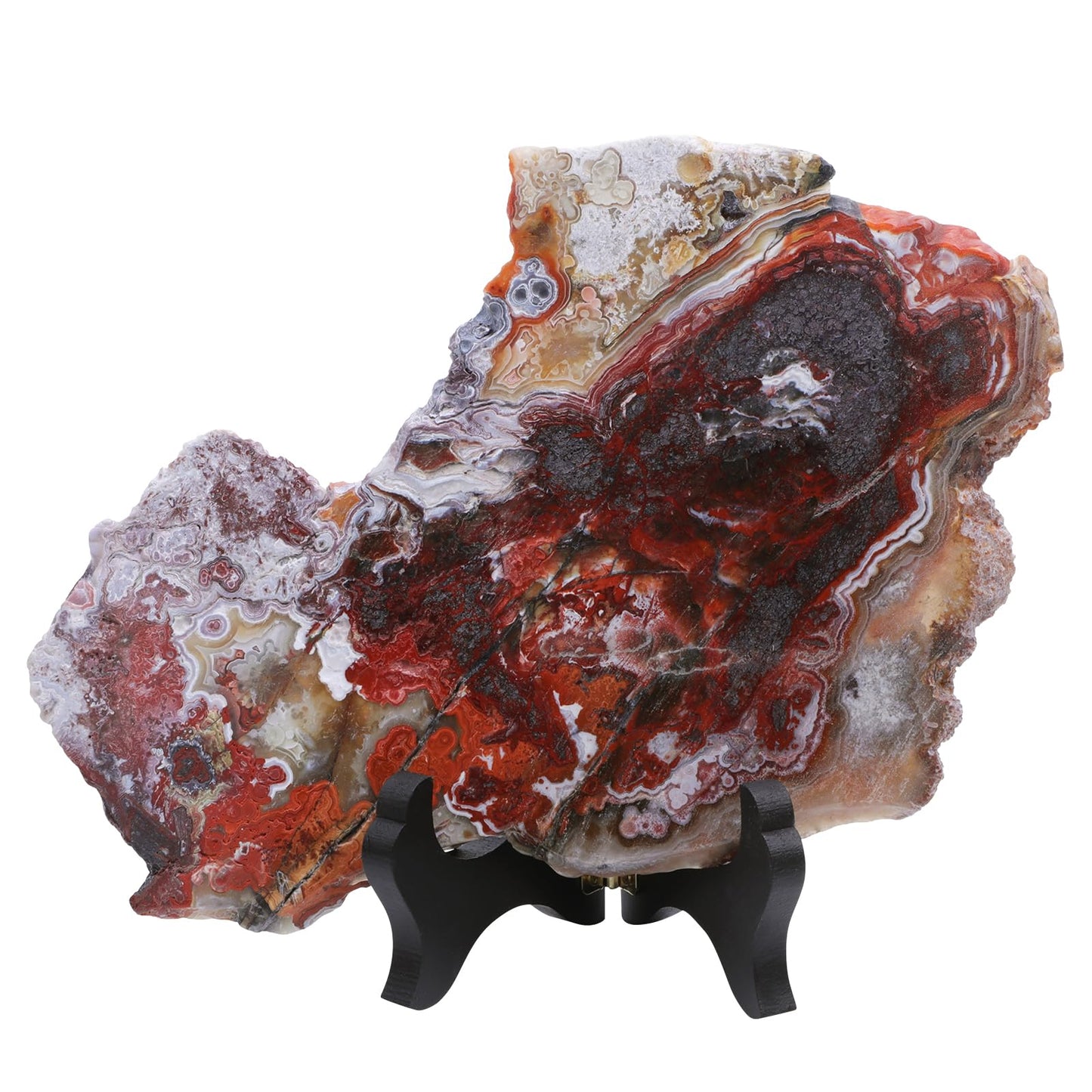 TUMBEELLUWA Irregular Mexico Agate Slab Crystal Stone Collection for Desk Table Decor, Natural Crystal Mineral Specimen with Wooden Display Stand
