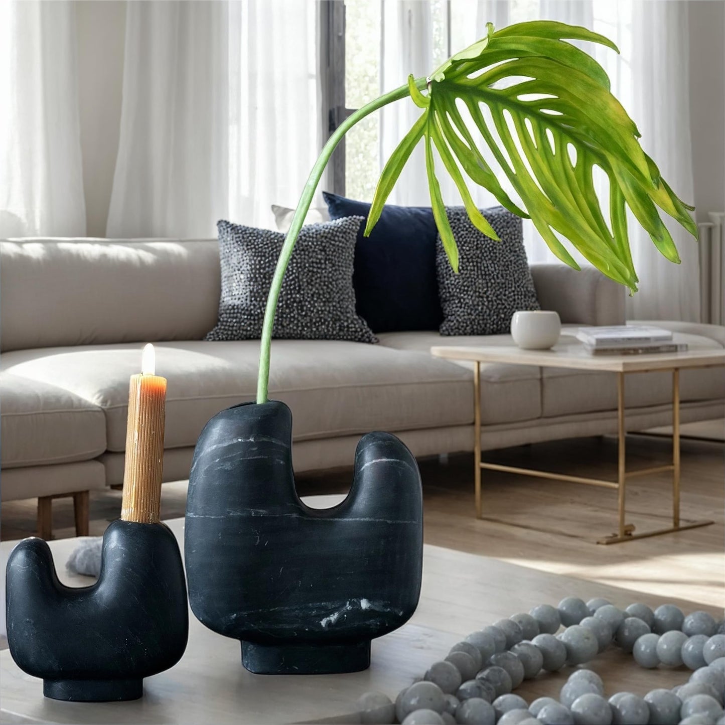 Bloomingville Marble Organic Shaped Footed Vase, Black