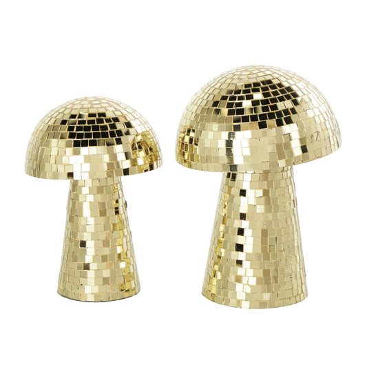 Deco 79 Glass Mushroom Handmade Decorative Sculpture Mosaic Mirrored Home Decor Statues, Set of 2 Accent Figurines 10", 8"H, Gold