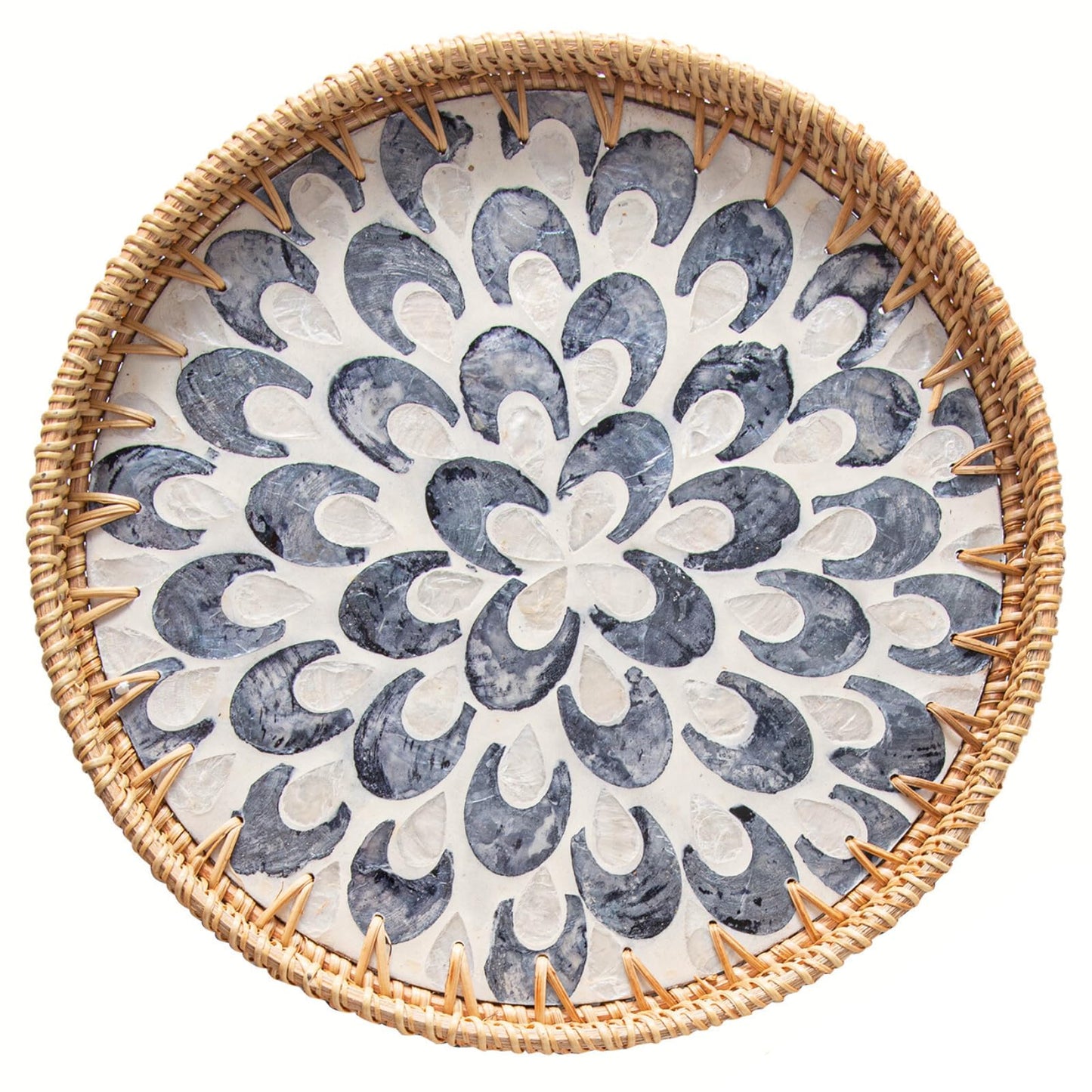 14 inch Round Rattan Tray Home Decor, Wicker Serving Tray with Mother of Pearl Inlay, Boho Decorative Tray for Coffee Table, Ottoman, Kitchen Table, Bathroom (Coastal Blue)