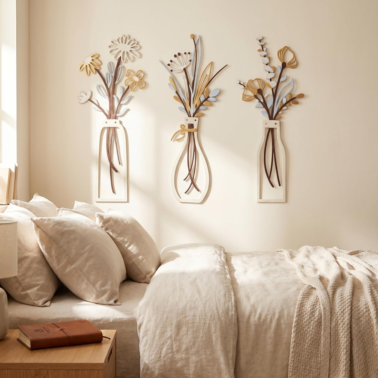 NCzhaozhao 3 Pieces White Metal Flower Vase Wall Art Sculptures | Minimalist Botanical Wall Decor for Living Room Bathroom Bedroom Kitchen Farmhouse Home Decor