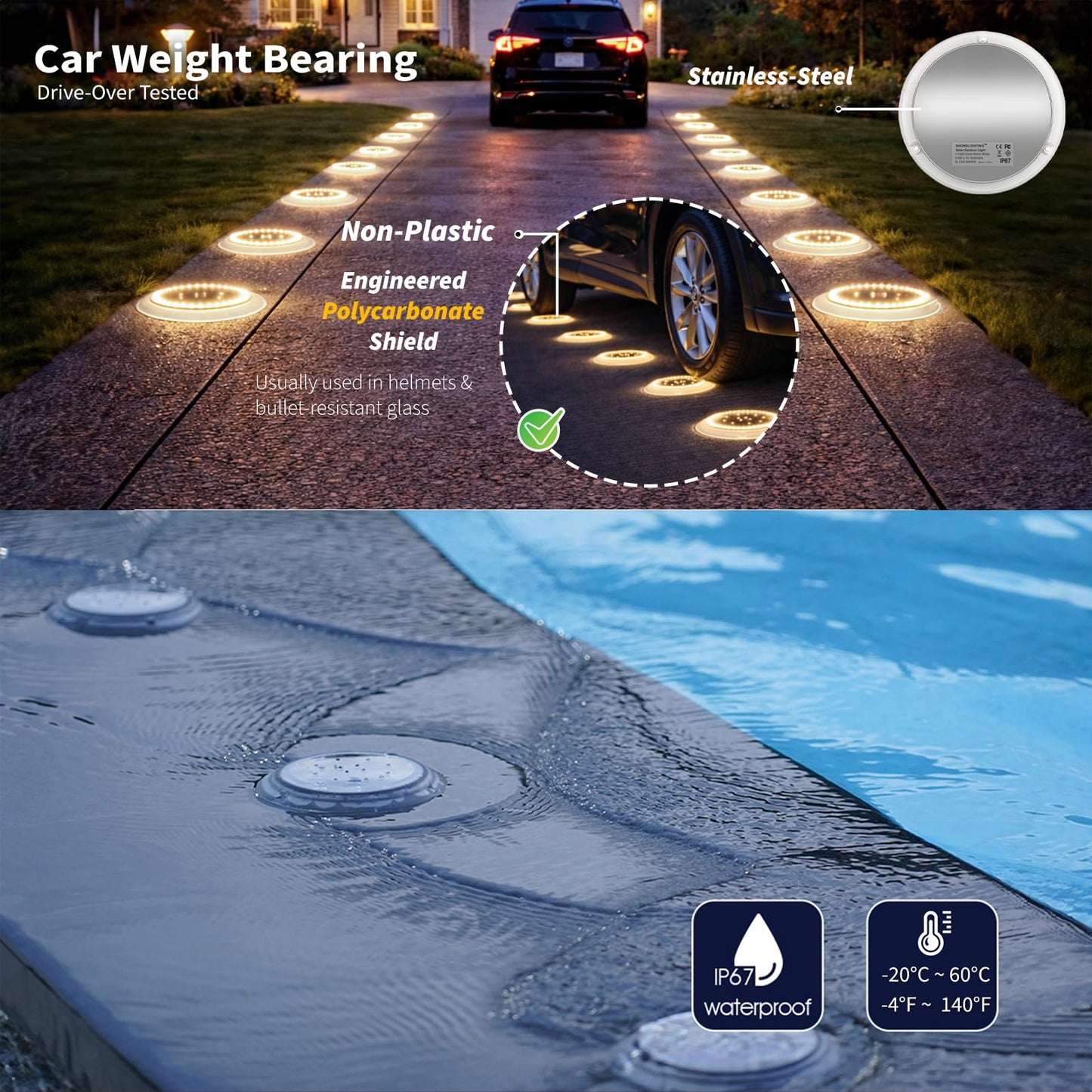 SHONELIGHTING Solar Driveway Lights, Super Bright 48 LED Disc Lights, Flat Low Profile IP67 Ground Lights Easy Install for Deck, Dock, Pathway, Patio, Walkway (Warm White, 6 Pack)