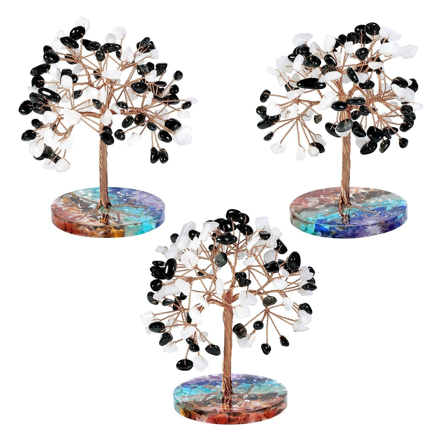 mookaitedecor Natural White Jade & Black Obsidian Crystal Money Tree with 7 Chakra Stones Resin Base Crystal Trees Feng Shui Sculpture Home Office Decoration Good Luck Gift 4-4.6 Inch