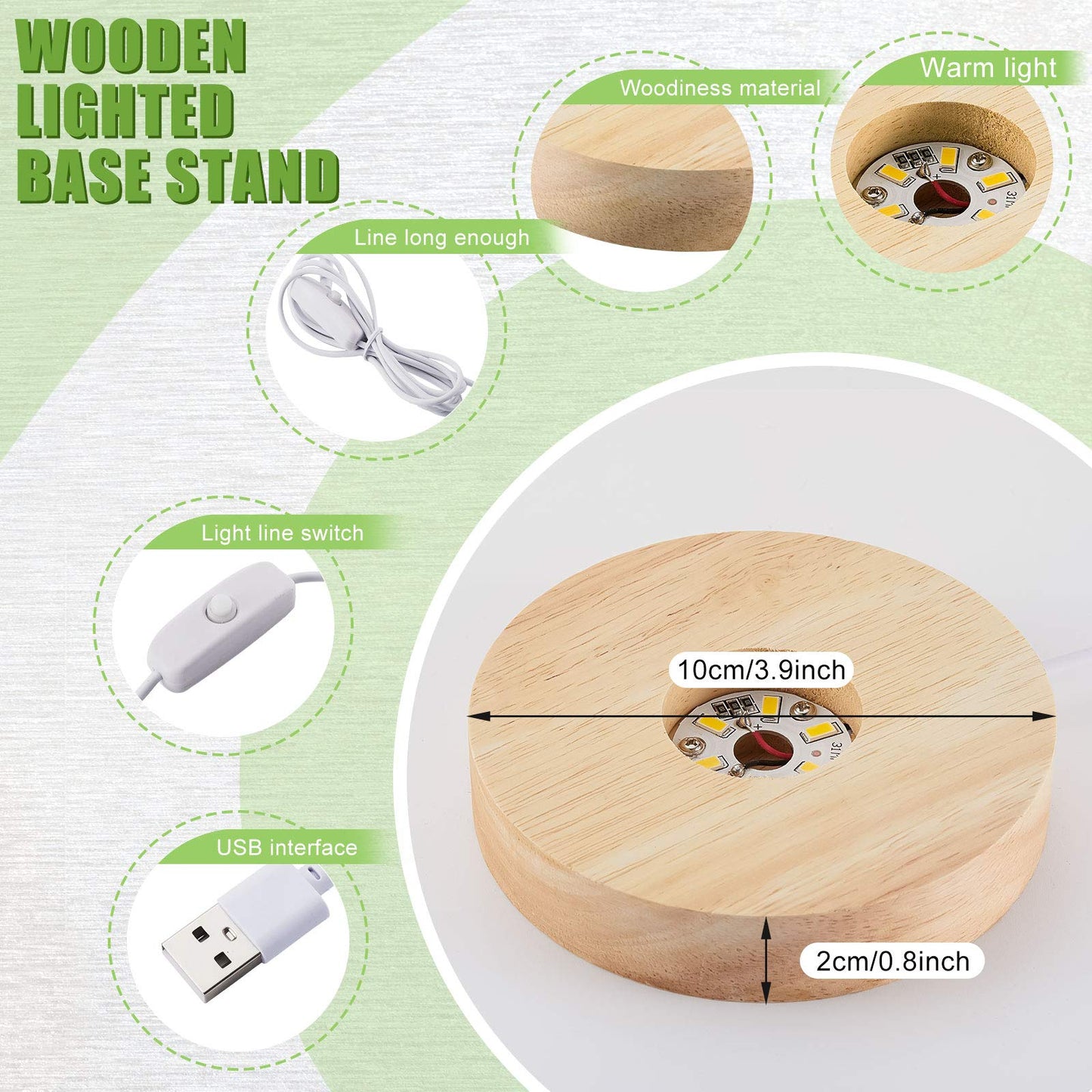 Honoson 2 Pcs LED Base Wood Light Display Base for Crystal Glass Art Resin Light Display Stand with 6 LED Wooden Crystal Resin Lamp for 3D Laser USB Only(Round)
