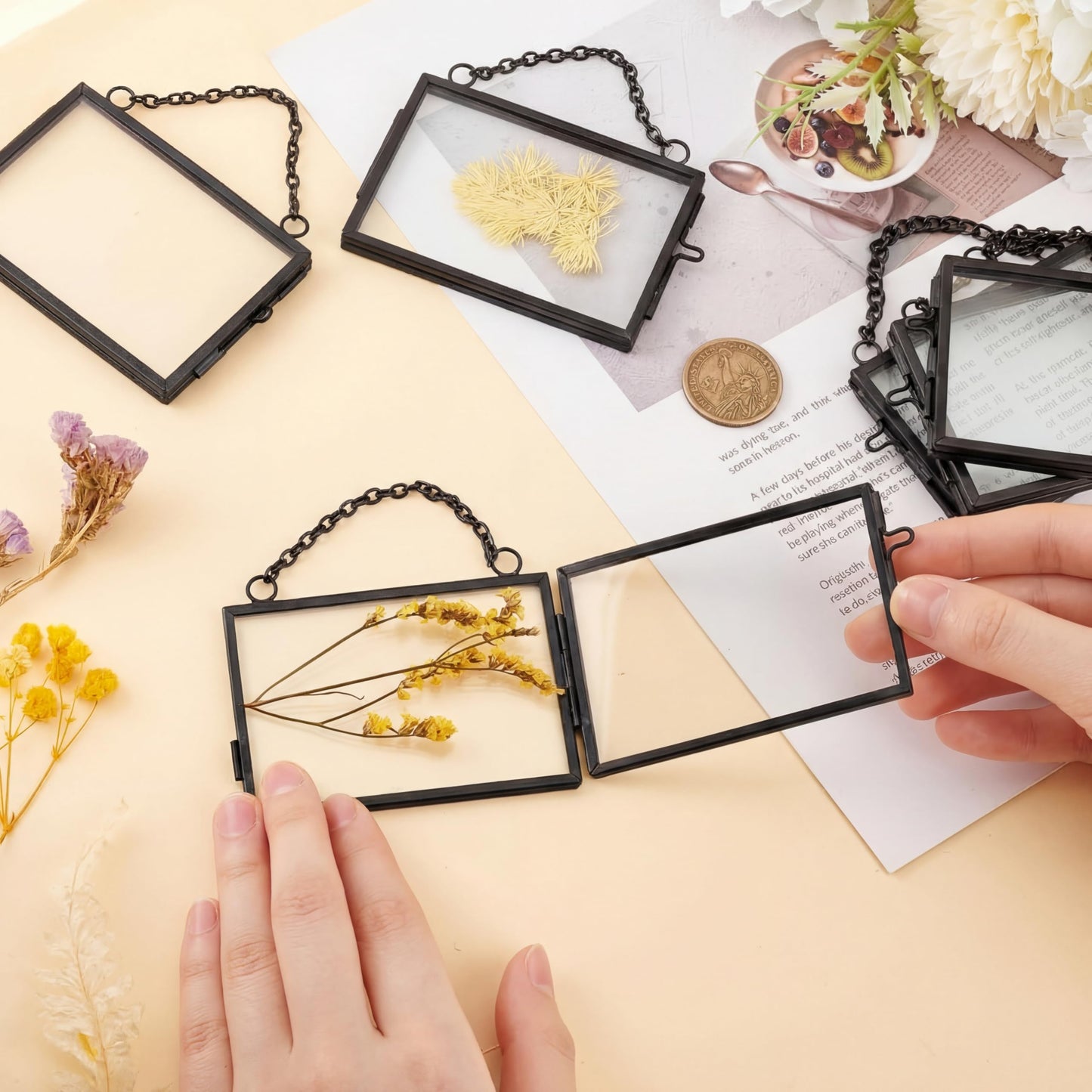 FOCHIER F 4 Pcs Pressed Flower Frame with Tweezers, Wall Hanging Tabletop Display Double Glass Frames with Metal Chain for Pressed Dried Flowers Plants, Horizontal and Vertical Picture Frame, Black, FRAMES ONLY