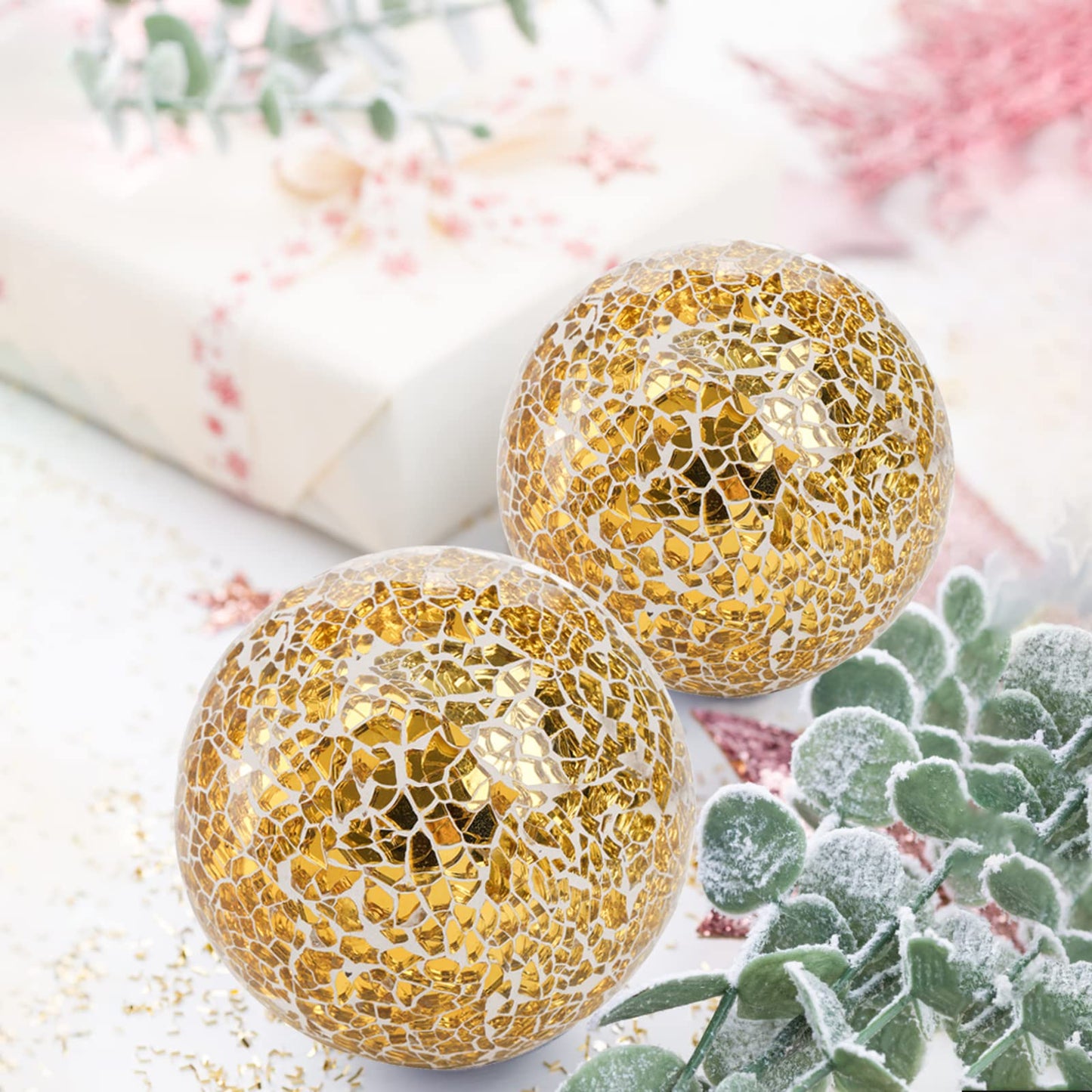 TOPZEA 3 Pack 4 Inch Gold Mosaic Glass Orbs, Decorative Balls Mosaic Spheres for Vase Fillers, Dinning & Coffee Table Centerpieces, Bowl Decor, Home & Christmas Decorations