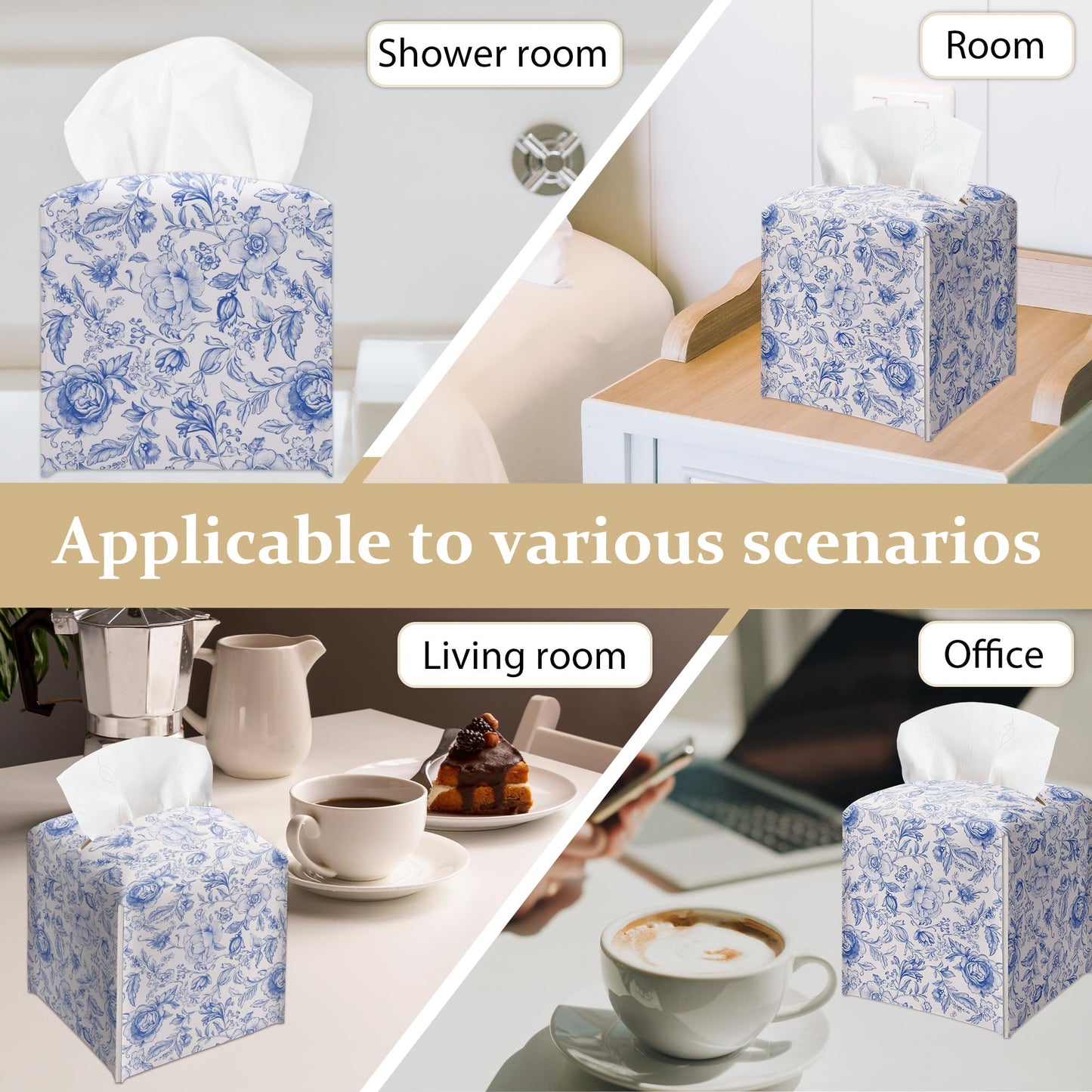 Boho Floral Toile Tissue Box Cover, Blue and White Floral Tissue Box Holder-Waterproof Leather, Desktop Decor for Living Room, Vanity, Office, Gift for Women & Friend, 5 x 5 Inches-A02