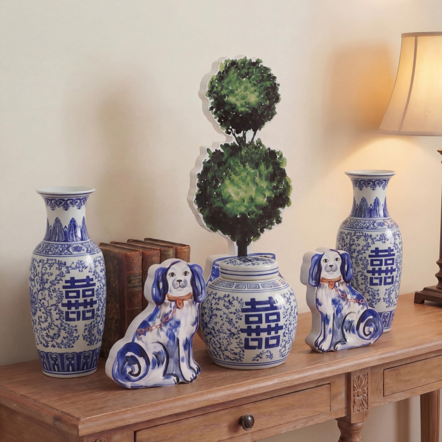 Summer Home Decor Blue and White Chinoiserie Blue and White Chinoiserie Staffordshire Dog Topiary Wooden Sign Small Figurines Rustic Tiered Tray Tabletop Centerpiece for Kitchen Mantel Shelf