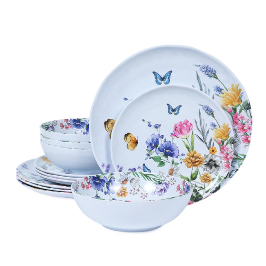 Lechoo 12 Piece Melamine Dinnerware Sets - Plates And Bowls Sets Floral Dinnerware Sets- Spring Camping Dishs Indoor Outdoor Use,Flowers And Butterflies Pattern