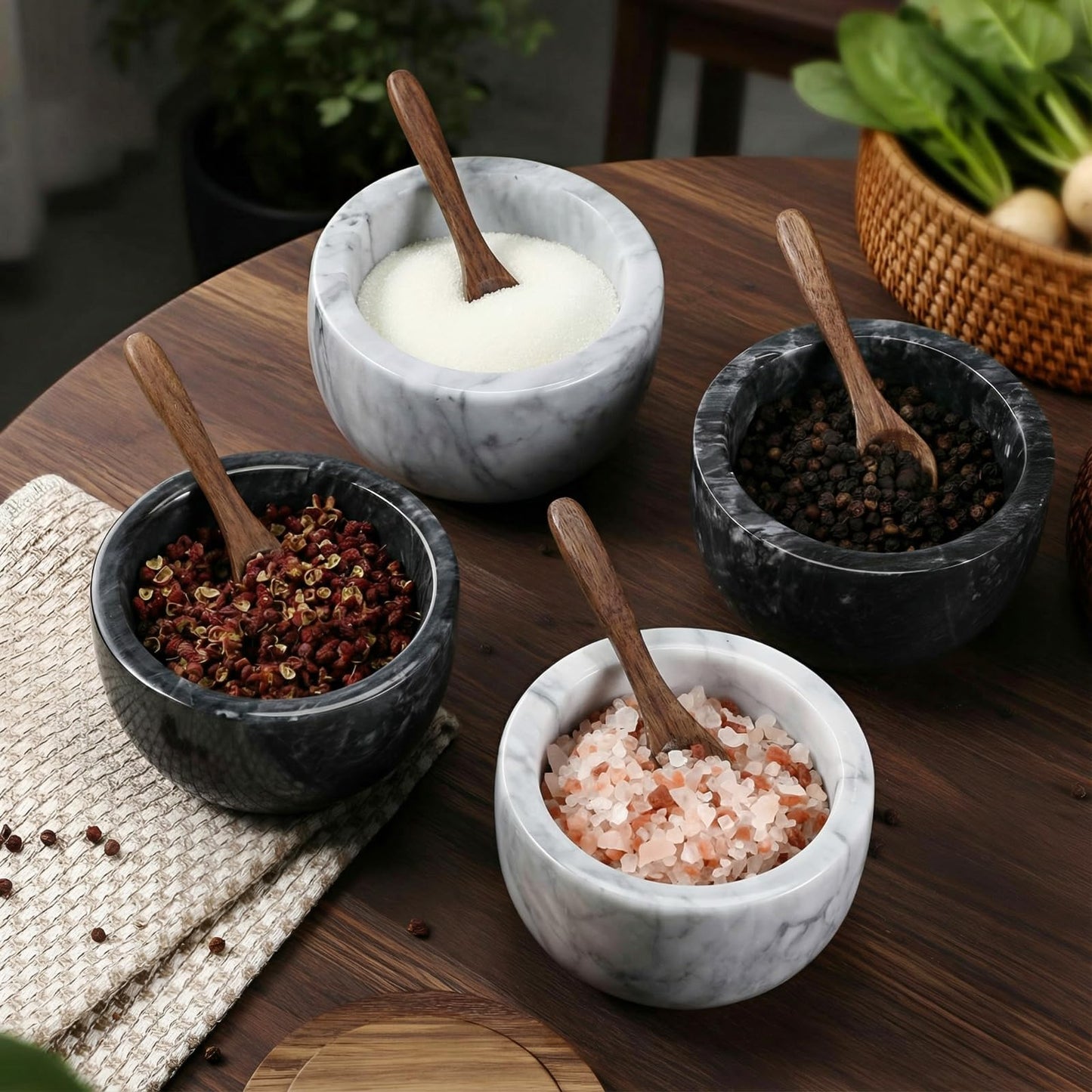 Teecyhooo Marble Salt Cellar Set of 4 with Lid and Spoon, Natural Marble Spice Container Bowls with Acacia Wood Lids for Pepper Sugar Seasoning Storage, Kitchen Counter Pinch Bowl Set