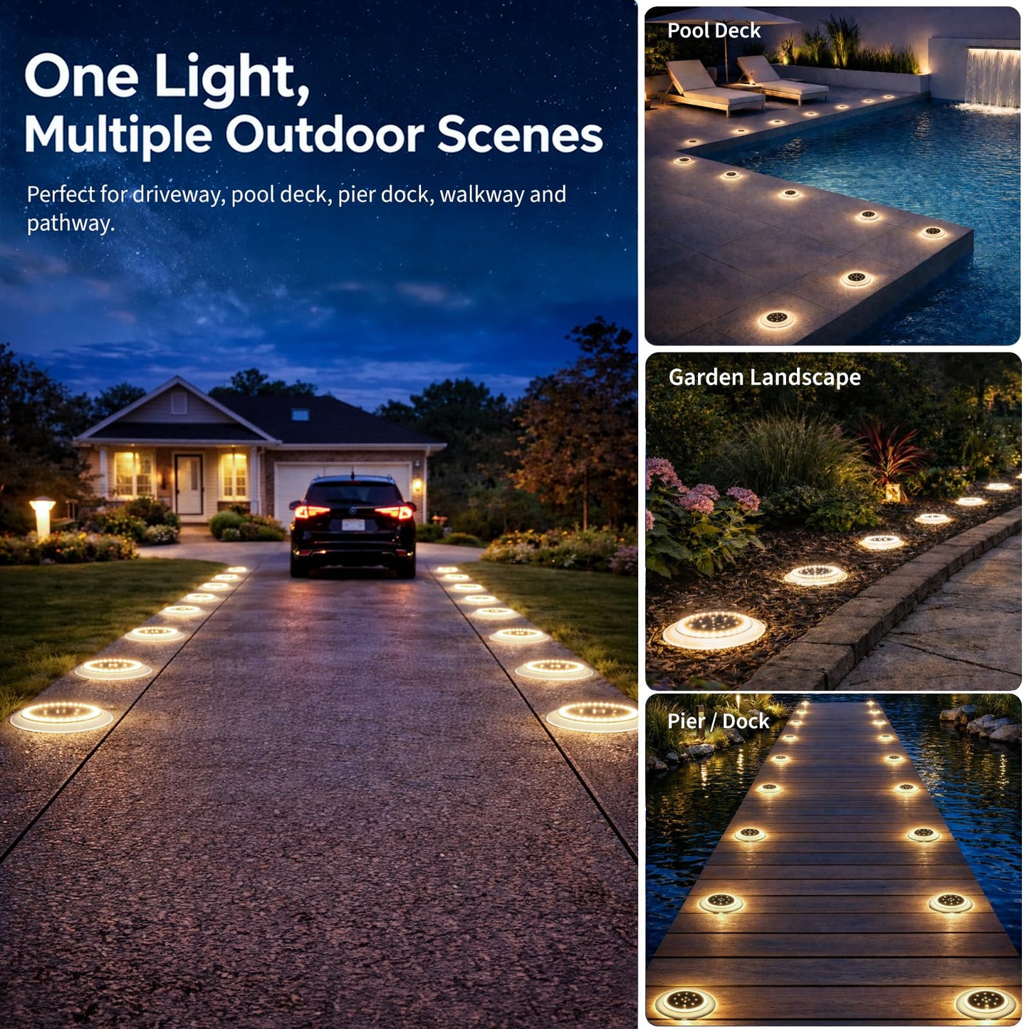 SHONELIGHTING Solar Driveway Lights, Super Bright 48 LED Disc Lights, Flat Low Profile IP67 Ground Lights Easy Install for Deck, Dock, Pathway, Patio, Walkway (Warm White, 6 Pack)
