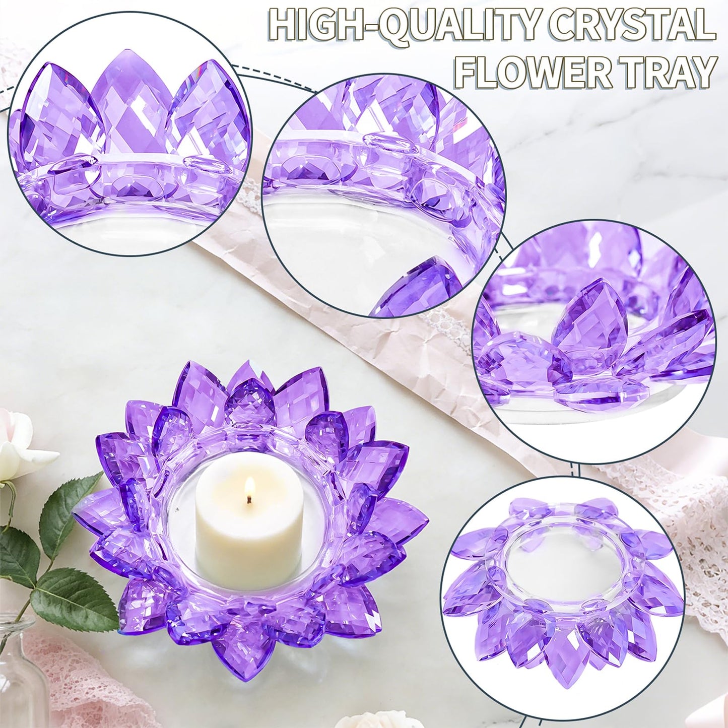 Large Crystal Lotus Tealight Candle Holder for Up to 6" Diameter Pillar Candle Plate Candlestick,Chunky Glass Votive Stand for Wedding, Party, Table Centerpiece Decor and Yoga Meditation (1, Purple)
