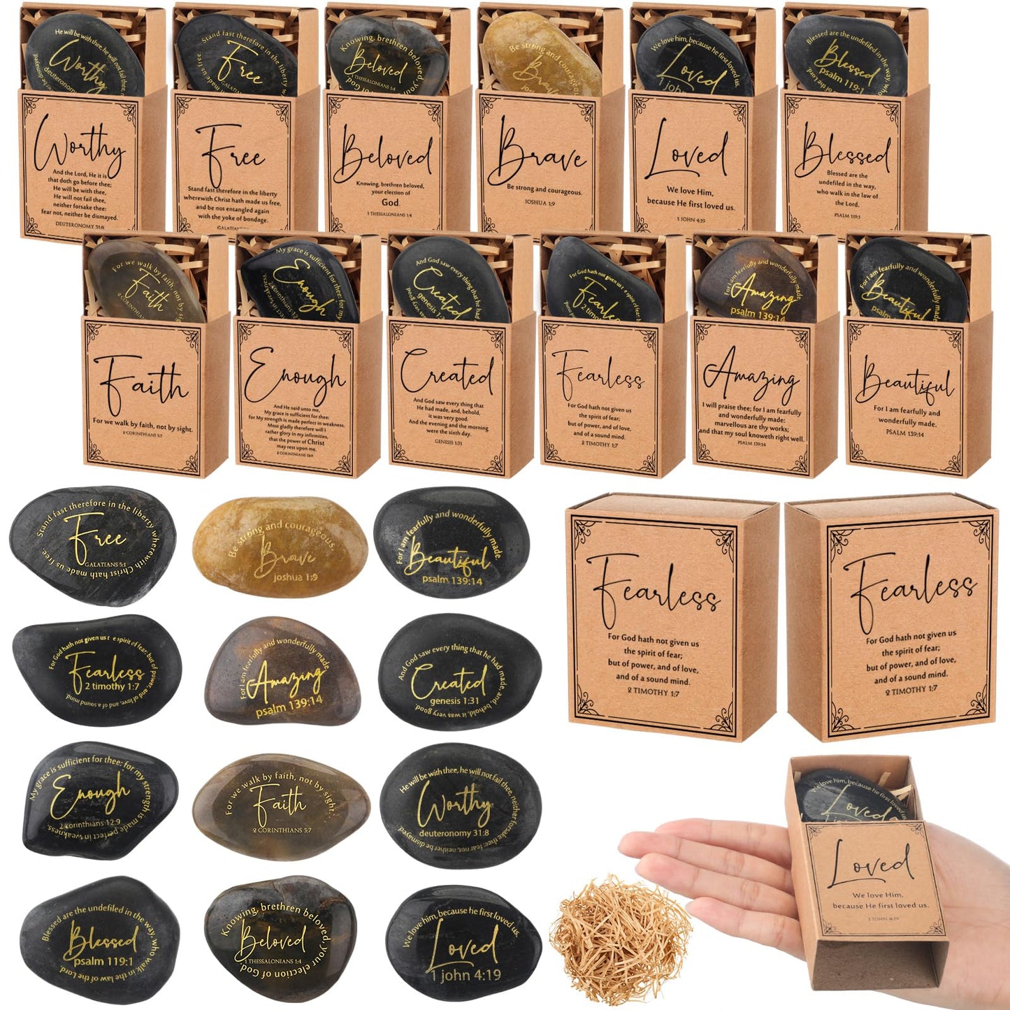 Thyle 12 Set Christian Scripture Stones Gifts Bulk Inspirational Engraved Prayer Stones with Box Religious Rocks Gift for Church Vbs Coworker Pastor Sunday School Baptism (Bible Verses)