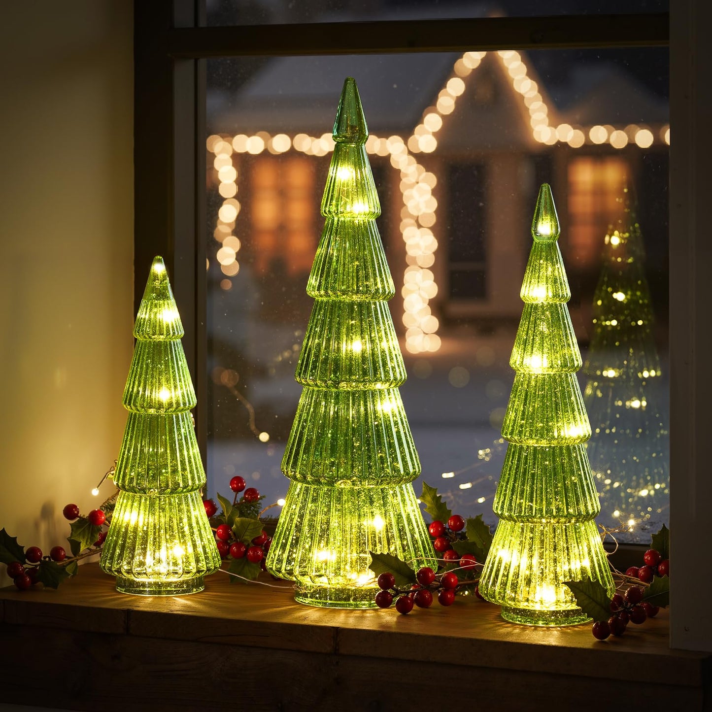 Pawliss Glass Christmas Tree Figures: 3pcs Green Artificial Glass Tree Tabletop Centerpiece Figurines, Crystal Finish Tree Table Ornaments, Classic Gifts for Winter Christmas Decorations for The Home
