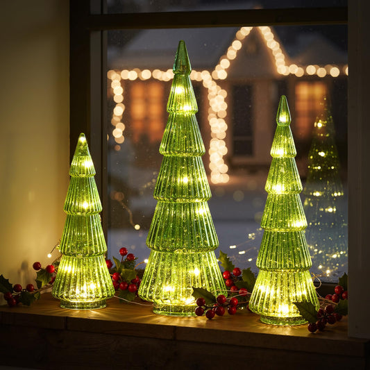 Pawliss Glass Christmas Tree Figures: 3pcs Green Artificial Glass Tree Tabletop Centerpiece Figurines, Crystal Finish Tree Table Ornaments, Classic Gifts for Winter Christmas Decorations for The Home