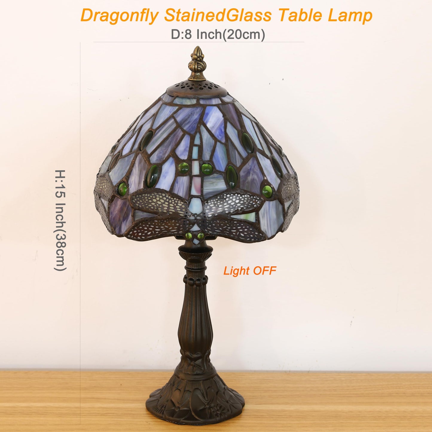 FUMAT Tiffany Small Table Lamp Blue Dragonfly Hand-Made Stained Glass Table Lamps for Bedroom 8.5X8.5X15 Inch Night Light Bedside Nightstand Home Office Desk Lamp W/ E12 LED Bulb