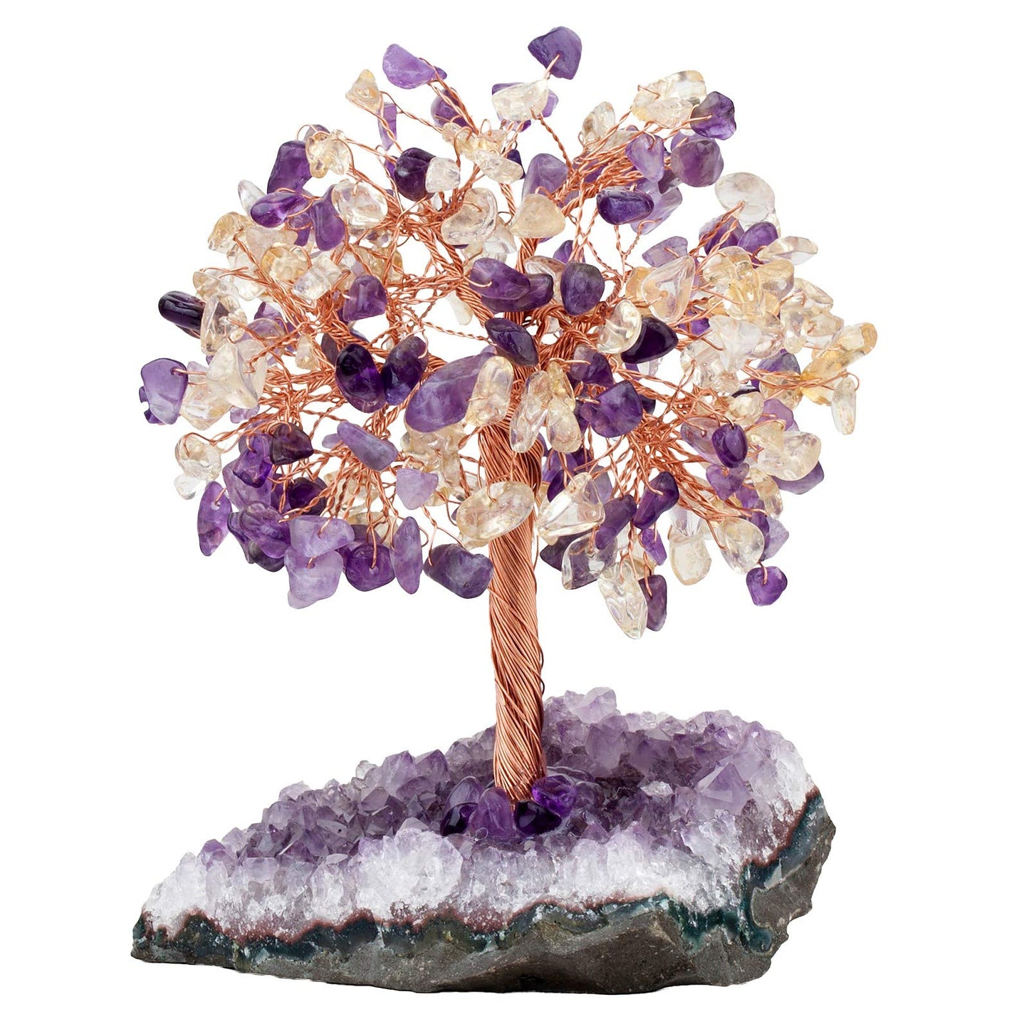 SUNYIK Healing Crystal Tree on Natural Amethyst Cluster Crystal Quartz Base, Handmade Crystal Bonsai Money Tree for Wealth and Luck 4.5-6" Tall, Purple/Yellow