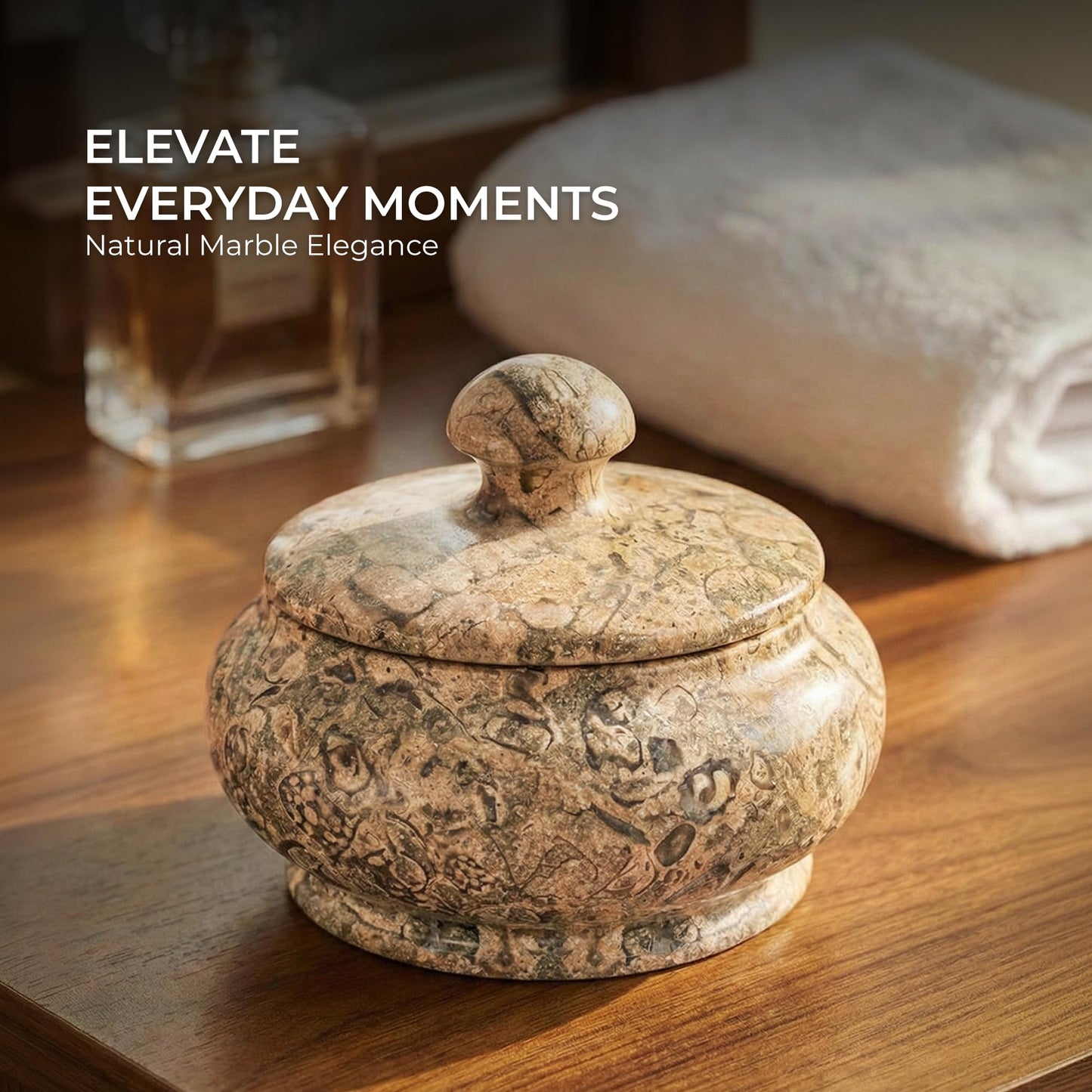 UrbanFocal Natural Decorative Marble Jar with Lid - 3 Inch Polished Marble Salt Cellar & Spice Jar - Small Jewelry Box & Bathroom Vanity Organizer, Coral