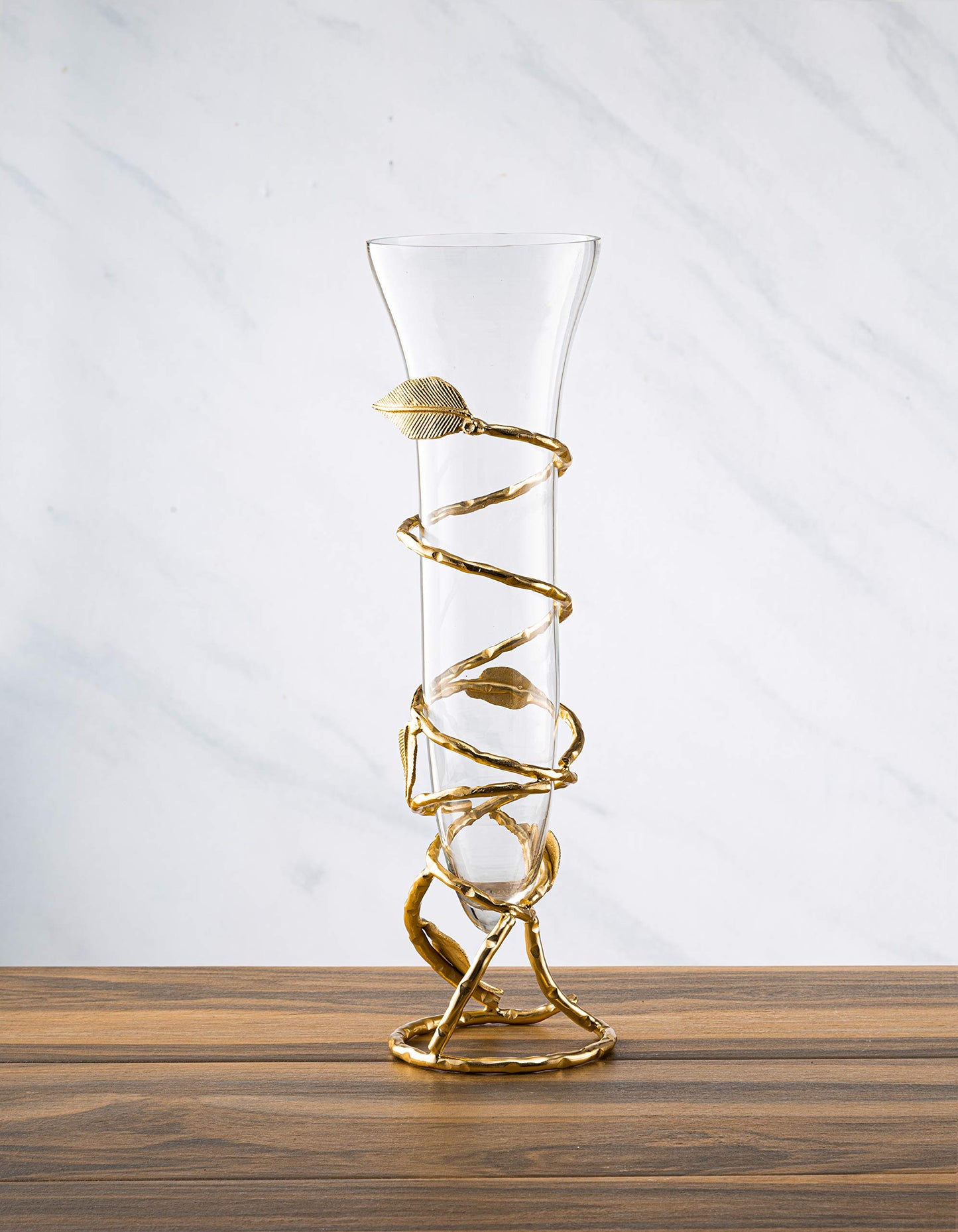 Clear Glass Vase with Gold Leaf Design Base-Measures: 16" H