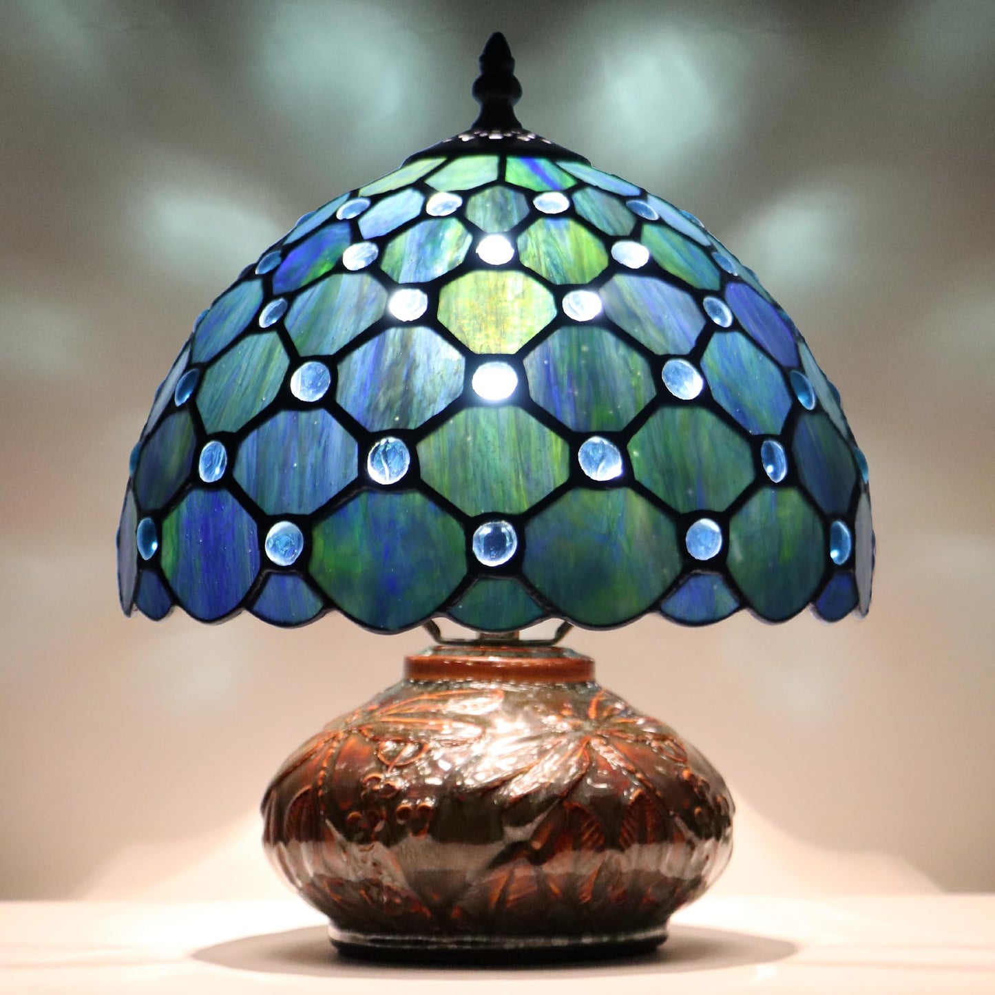 LXHCYOU Small Tiffany Table Lamp, 10X10X11 Inch Mini Stained Glass Mushroom Desk Light Memory Sympathy Ceramic lamp (Sea Blue Pearl Style)