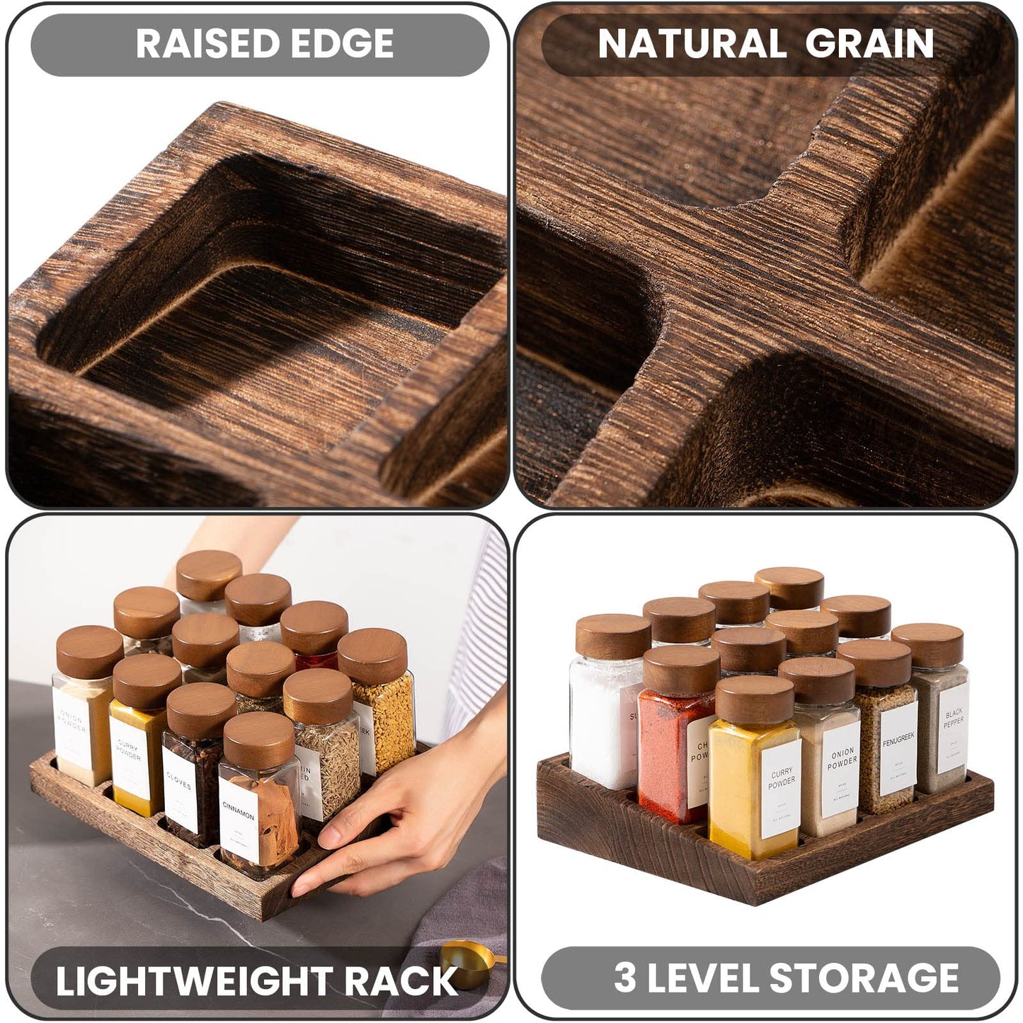 Yangbaga Glass Spice Containers for Kitchen: 24P 4oz Square Jars w/2p Rack