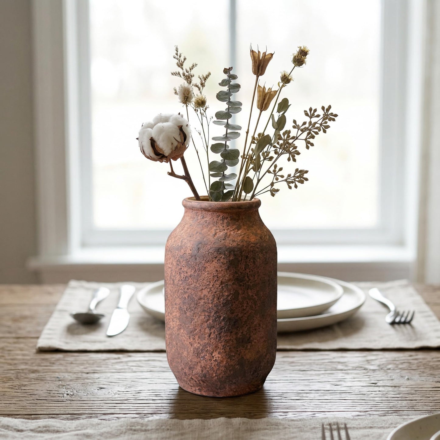 Wancetang Terracotta Farmhouse Vase, 9 Inch Rustic Ceramic Flower Vases for Home Decor, Pottery Decorative Vase for Living Room Shelf Mantle Entryway Fireplace Bathroom Centerpiece Brown