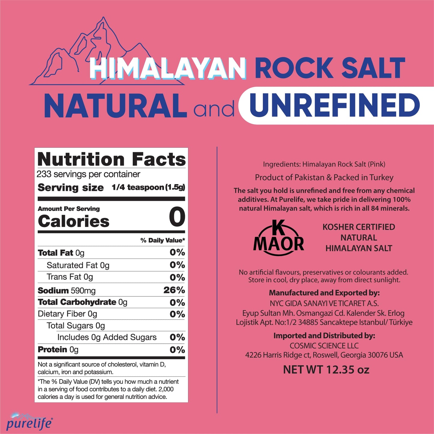 Purelife Himalayan Kosher Unrefined Table Coarse Pink Salt in Classy Glass Jar with Cork- Gourmet Natural Crystal Rock Salt with Minerals-Gluten, Soy, Allergen, Anti-caking agent free-From Iron Rich part of Himalayan Salt Mine- 12.35oz