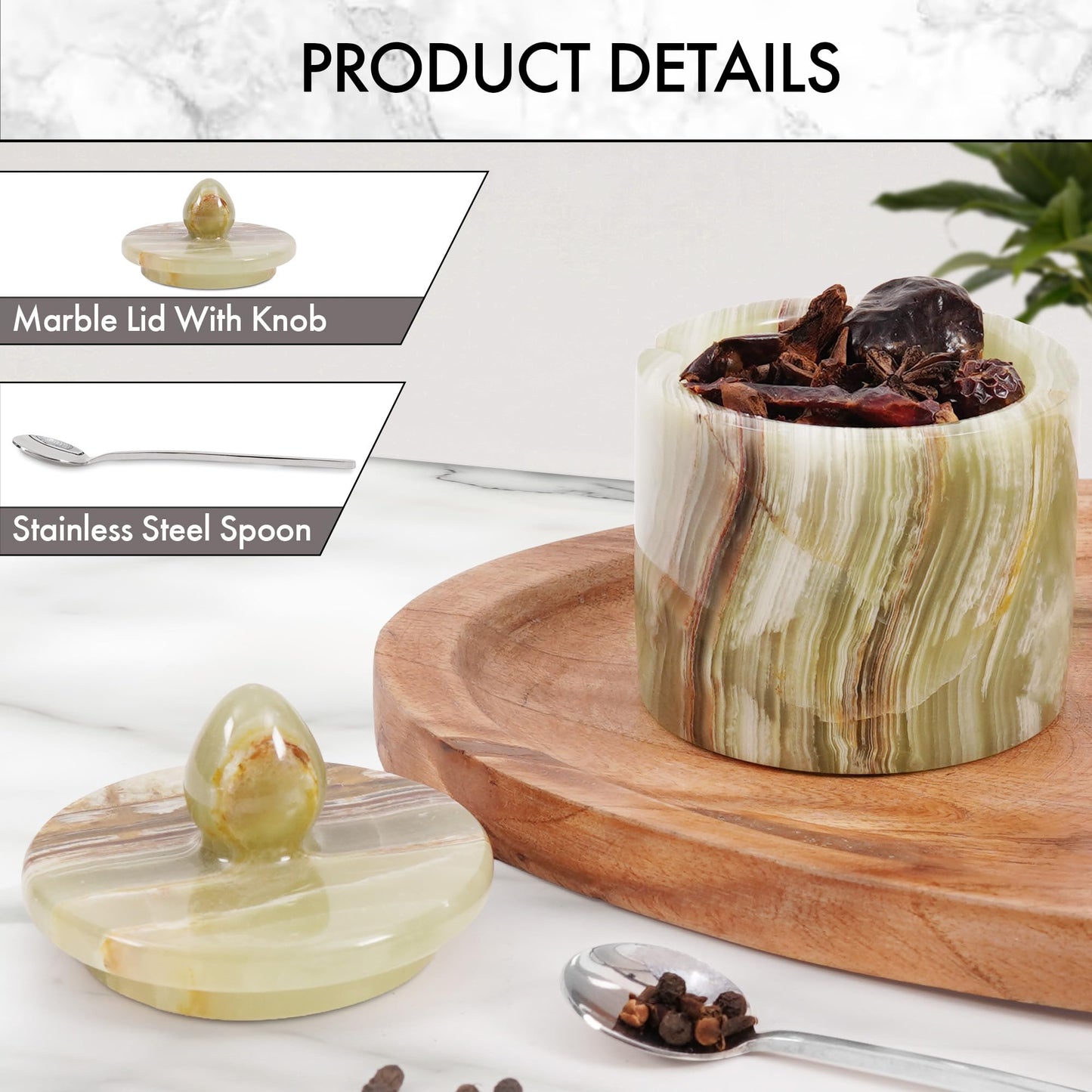 Green Onyx Salt Cellar with Lid 4 Inch – Handmade Natural Marble Salt Cellar, Kitchen Salt Container for Countertop, Refillable Salt Box for Cooking, Seasoning & Dining