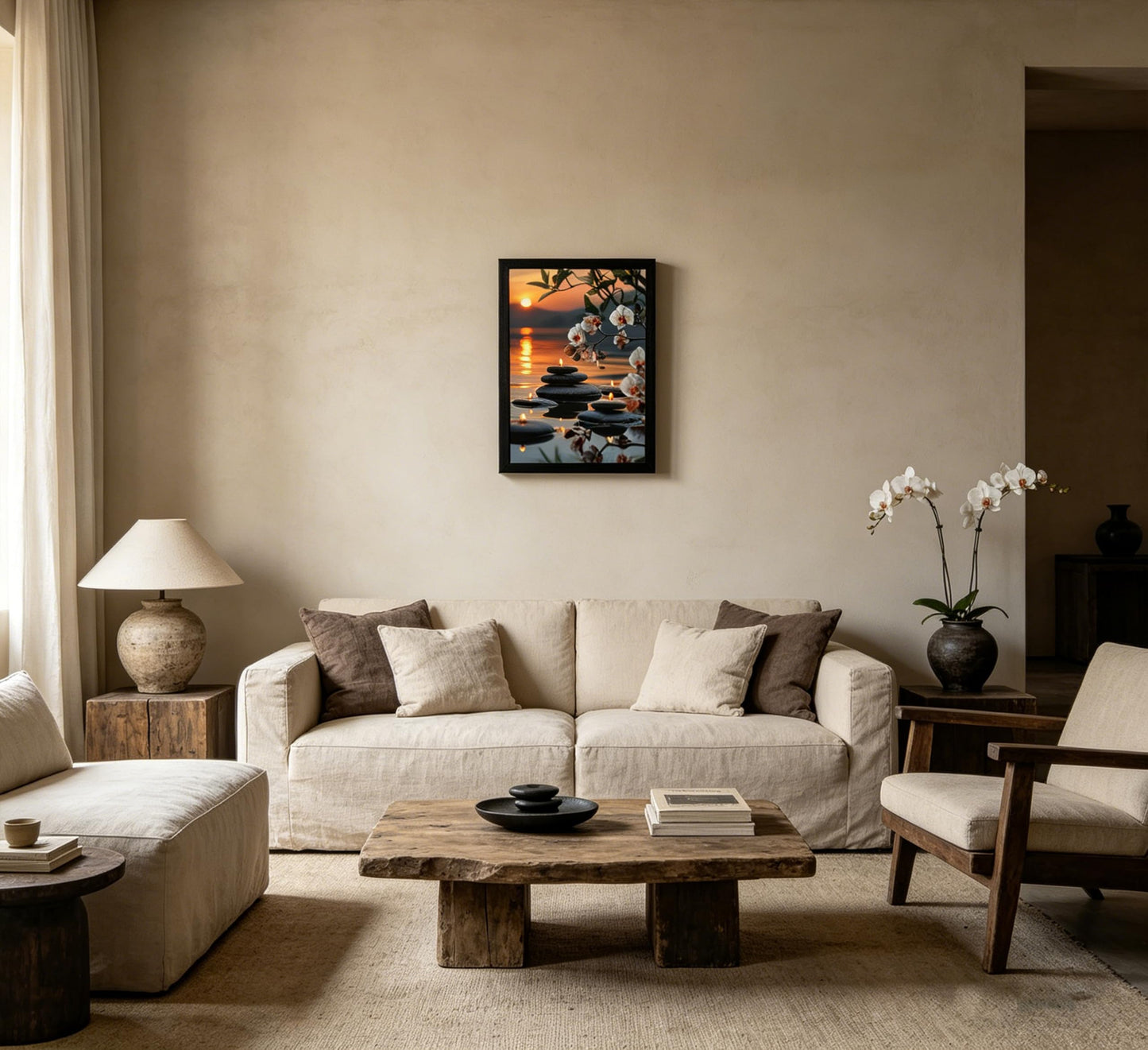 Framed Zen Orchid Stone Wall Art, Sunset Water Reflection Spa Decor with Floating Candles, Serene Botanical Canvas Print for Bathroom Bedroom Office, Calm Asian Inspired Artwork