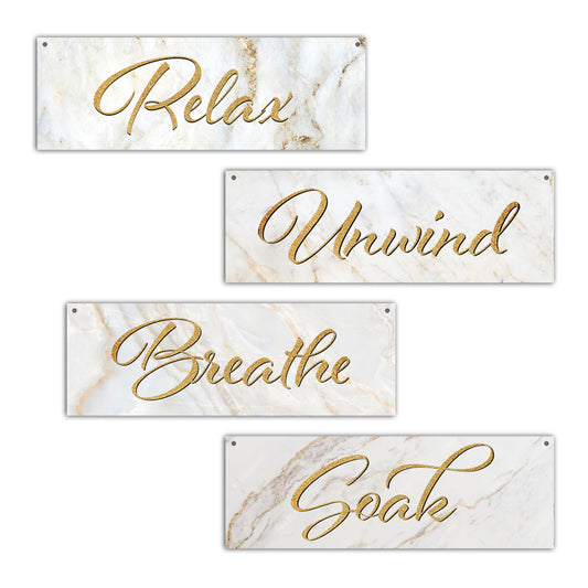 4 Pcs Rustic Marble Style Wall Decor, Soak Relax Unwind Breathe Wooden Hanging Sign, Wall Art For Restroom Farmhouse Decorations, A32