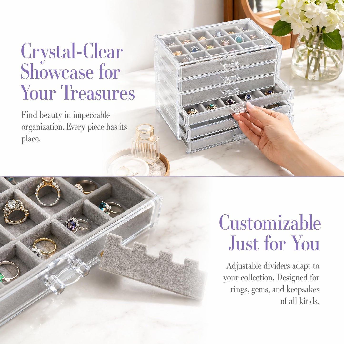Jucoan Clear Acrylic Rock Display Case, 5 Layer 90 Grids Rock Collection Case with Adjustable Velvet Insert, Mineral Gemstone Storage Organizer Box for Kids Crystals, Rocks Collection