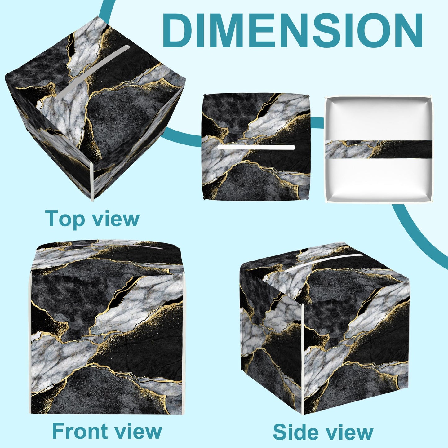 Black White Marble Tissue Box Cover Square,Golden Veins Leather Tissue Holder with Bottom Belt,Facial Paper Organizer Tissue Box Cover for Home Office Bathroom Vanity Countertop,5.2" x 5.2" x 5.2"