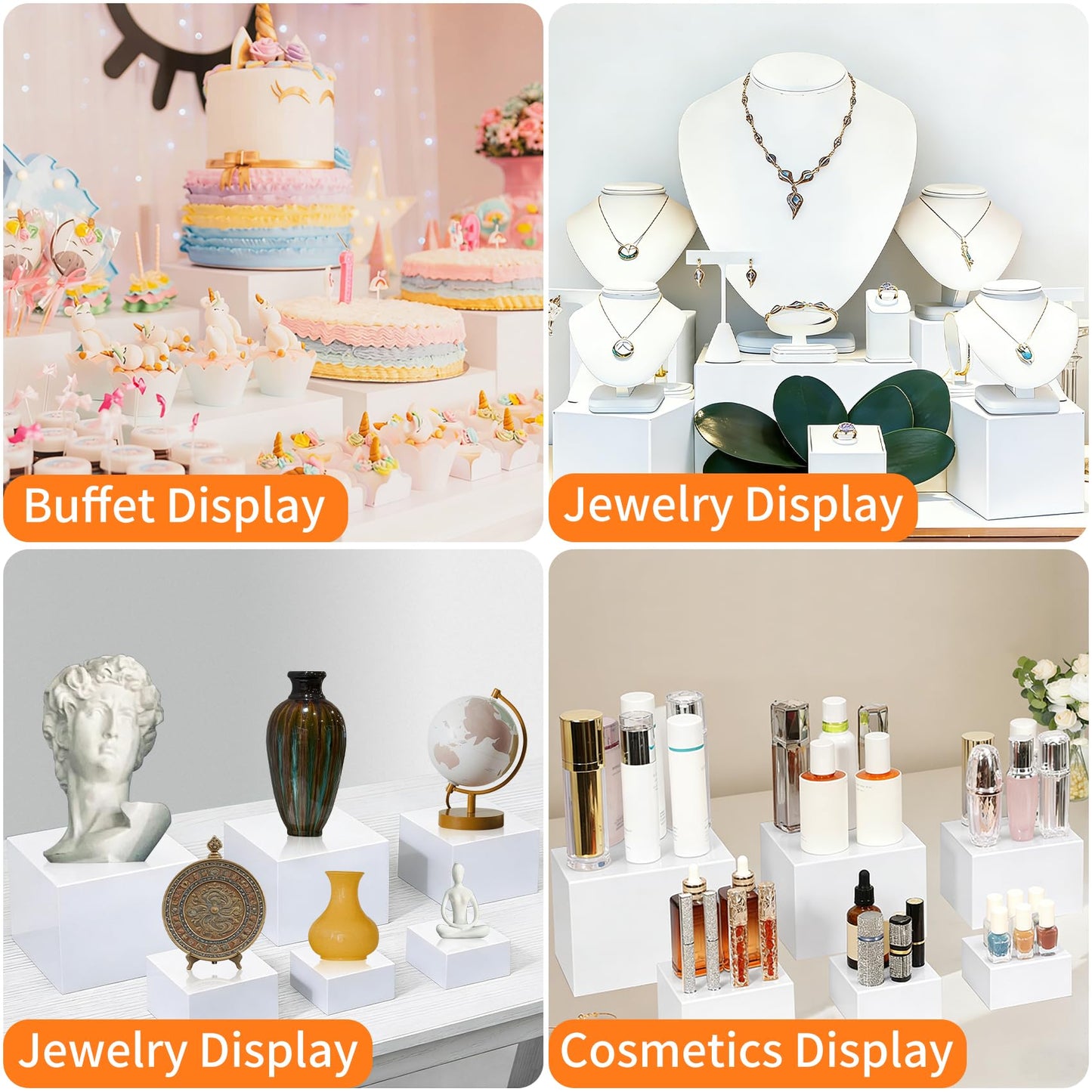 ABenkle 6Pcs White Acrylic Buffet Risers, Buffet Table Risers and Stands, Food Risers Display Shelf for Party Catering Dessert Cupcake,Cube Display Box with Mini Sign