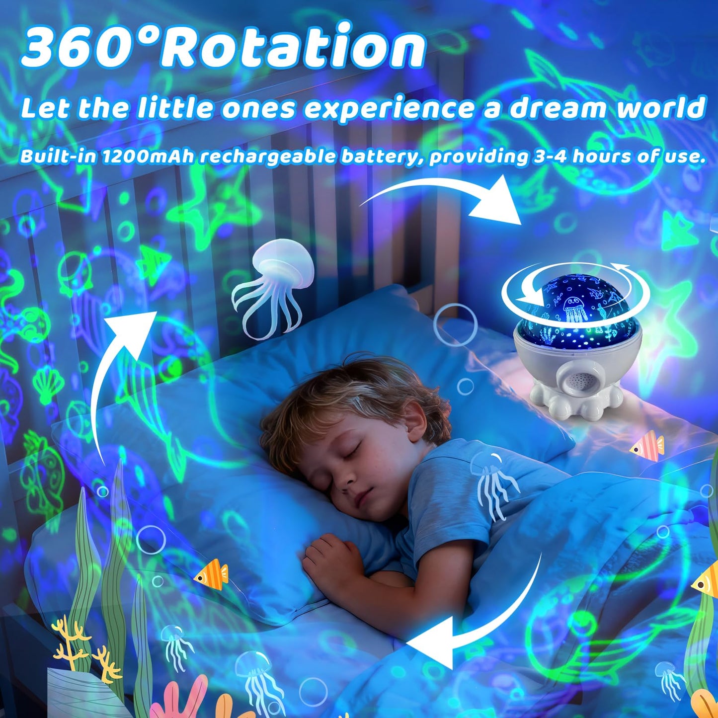 Cute Octopus Night Light Projector,17 Light Modes Ocean Star Projector with 360° Rotation, 3 Projection Films and 9 Lullaby Songs,Night Lamp with Remote and Timer, Gifts for Family and Friends (White)
