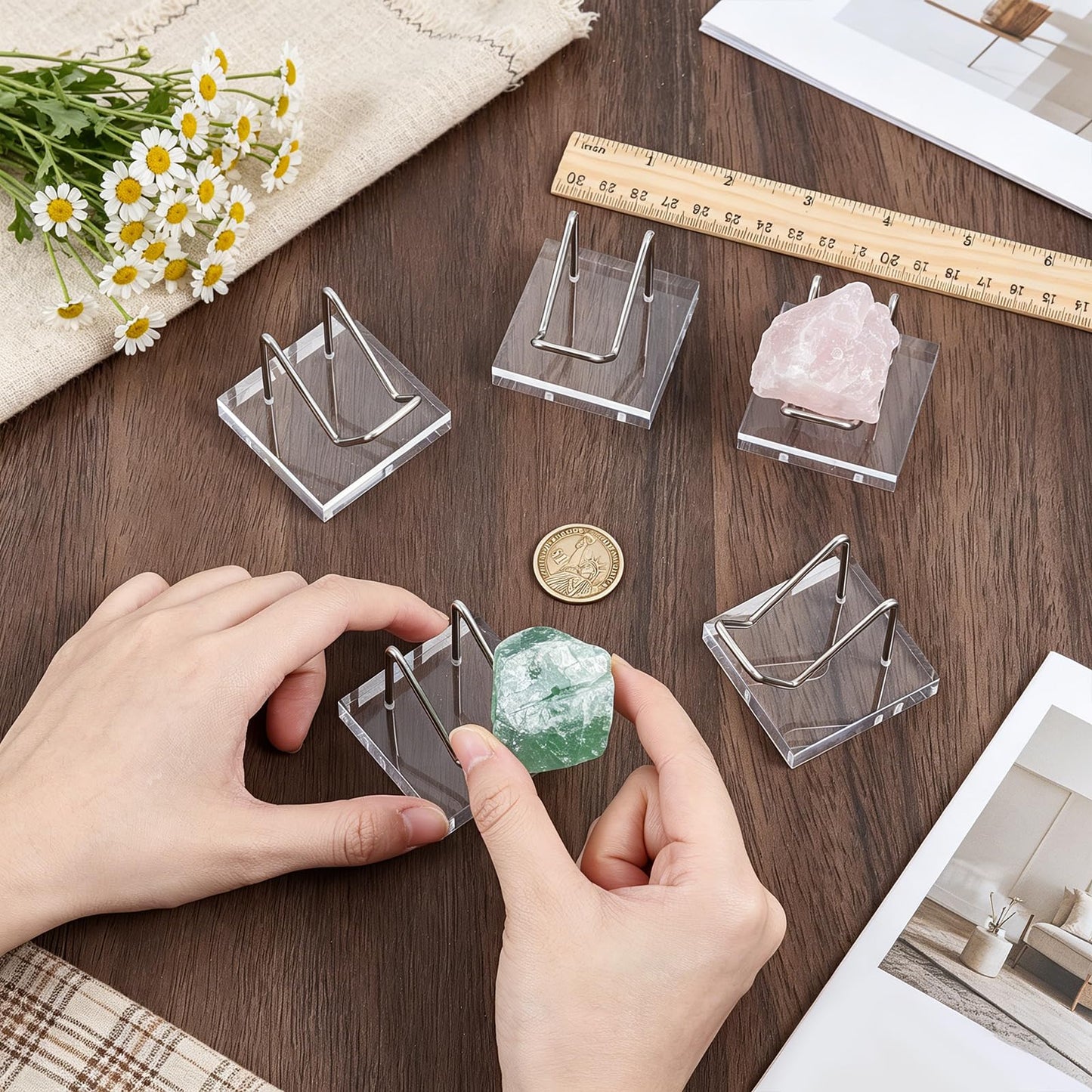 twinklemon 12PCS Clear Acrylic Display Stand Rock Display Holder with Acrylic Pedestal Base and Metal Arms Small Easel Stands for Fossil Coral Crystal Geodes Rock Mineral Agate Collectibles (Silver)