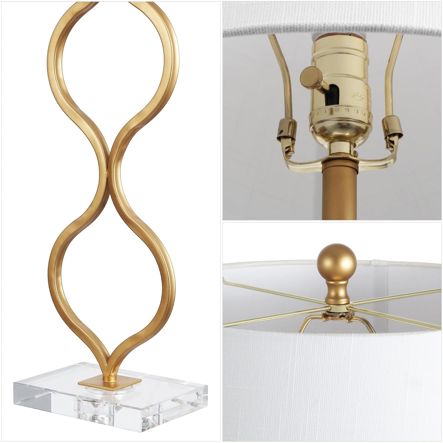 JONATHAN Y 31.5" Gold Curved Metal and Crystal Table Lamp, Modern Glam Bedside Lamp with White Linen Drum Shade for Living Room and Bedroom, LED Bulb Included JYL3028A