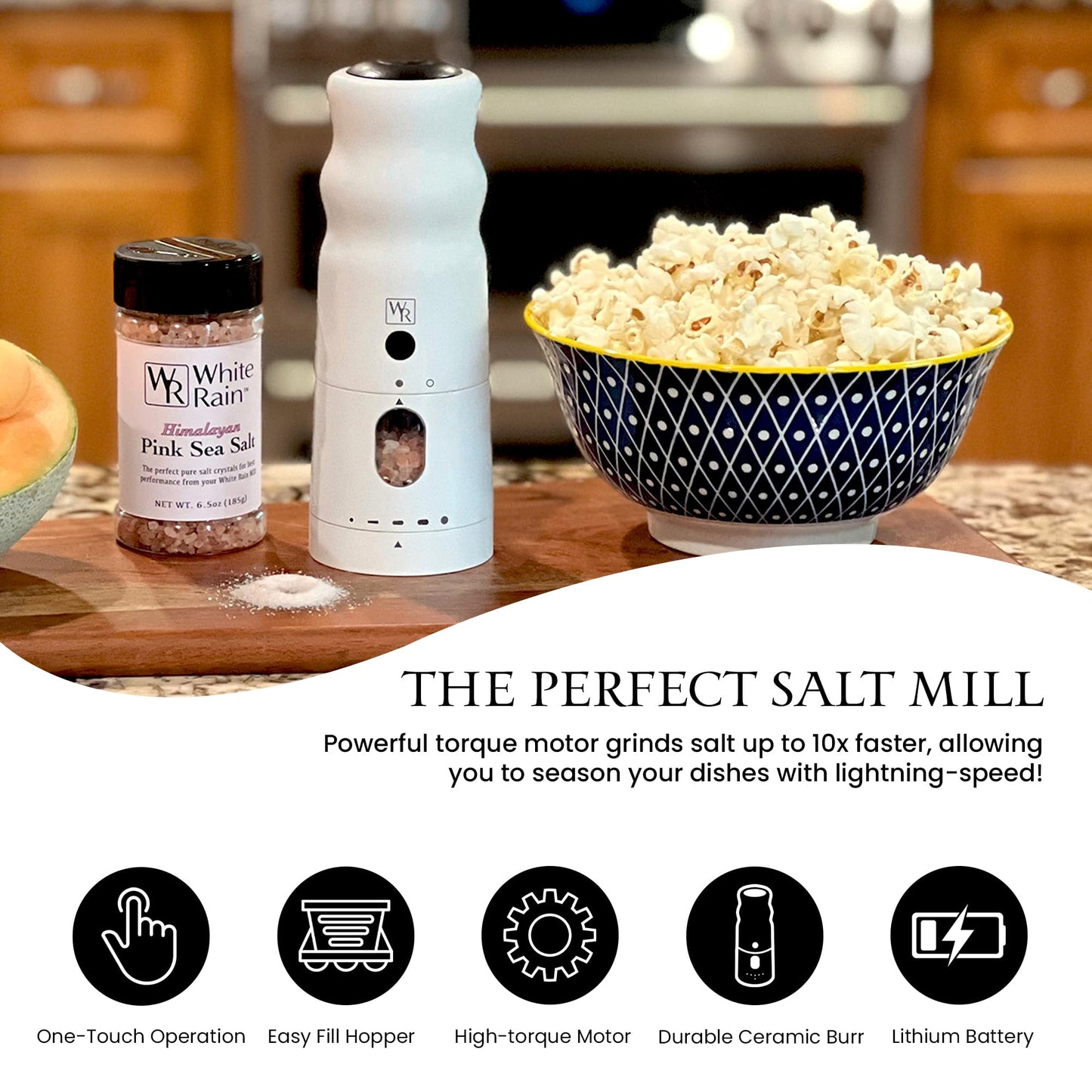 WHITE RAIN Salt Mill with LED Lights & Adjustable Coarseness, Aluminum Rechargeable Salt Grinder Refillable Heavy Duty Electric Himalayan Pink Salt Grinder, Kitchen Gadgets
