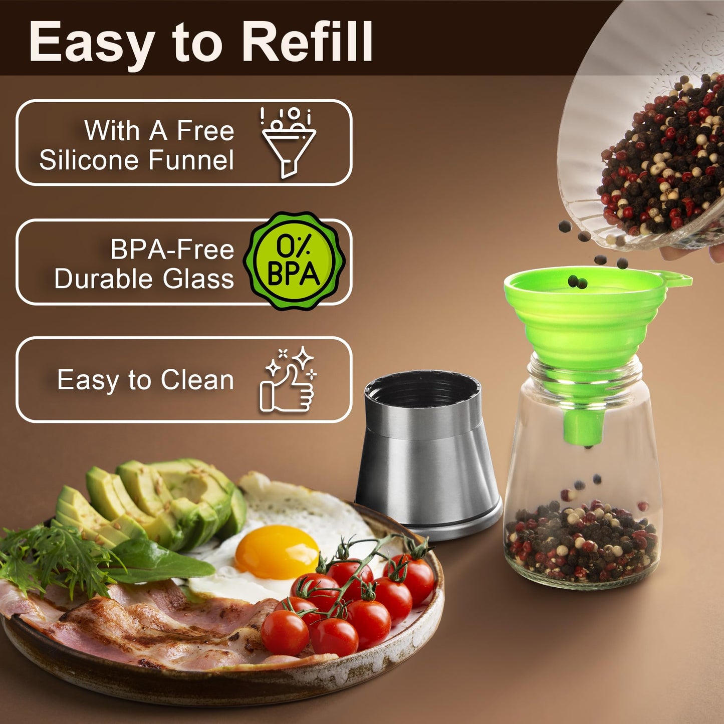 M JINGMEI Stainless Steel Salt and Pepper Grinder Set - Short Glass Shaker, Pepper Mill & Salt Mill with Adjustable Coarseness, Refillable for Himalayan or Sea Salt, Black Peppercorn, with Bonus Stand