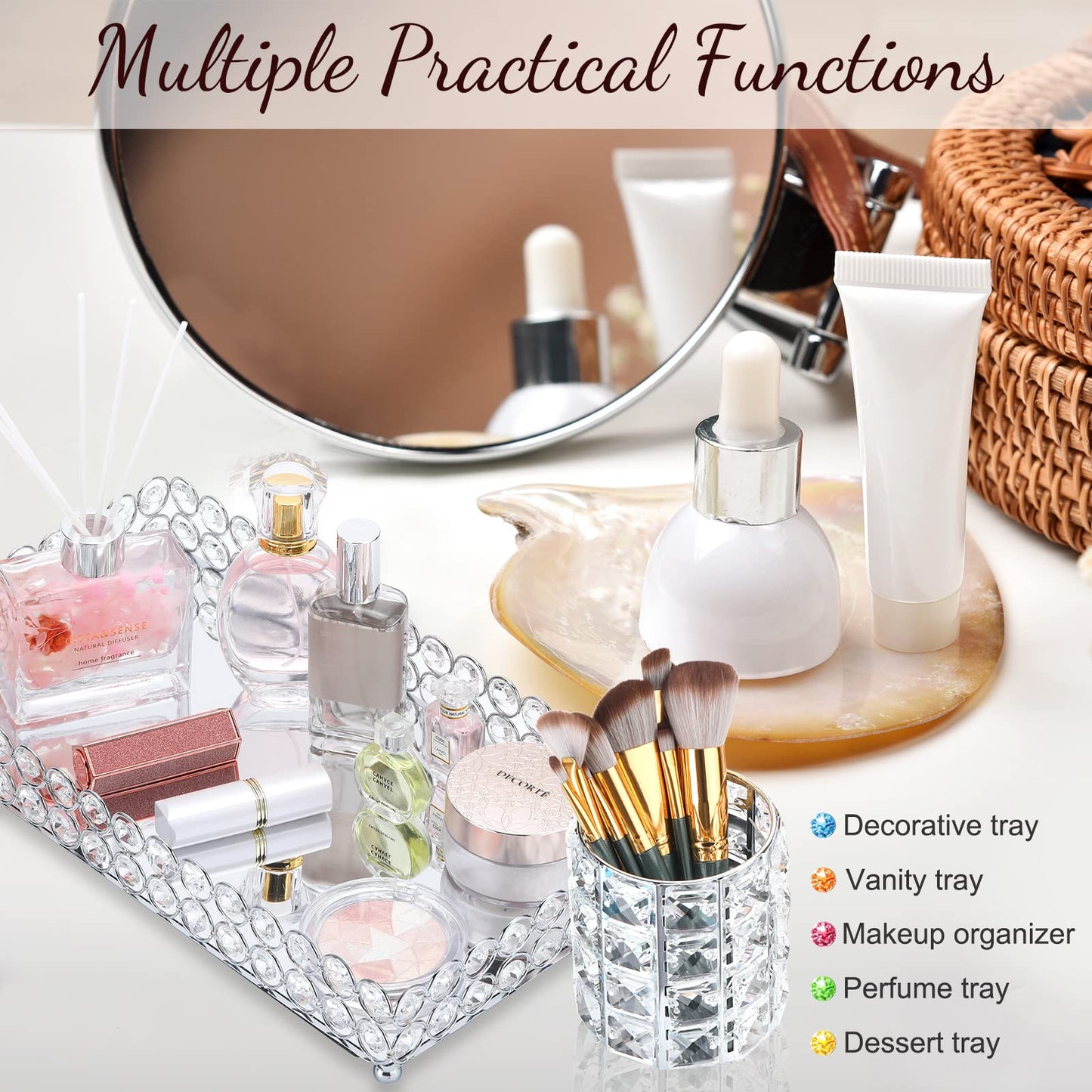 3 Pieces Perfume Tray Crystal Vanity Tray Mirrored Crystal Cosmetic Makeup Tray Set Makeup Brush Holder Bathroom Decorative Organizer Brush Cup Holder Vanity Accessories for Dresser, Silver (Square)
