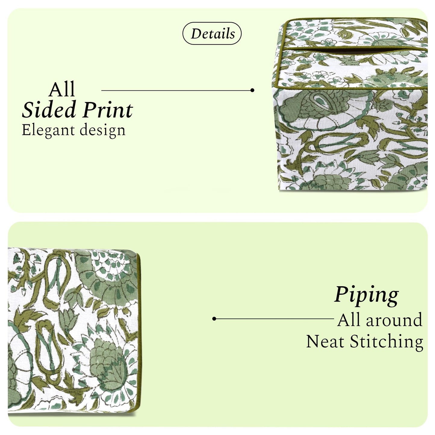 CPC Agate Green Hand Block Printed Cotton Tissue Box Cover 5" x 5" x 5.5" Square Soft Reusable Boho Napkin Holder for Home Kitchen Dining Bathroom Office Cafe Spa, Gift for Spring, Mother's Day