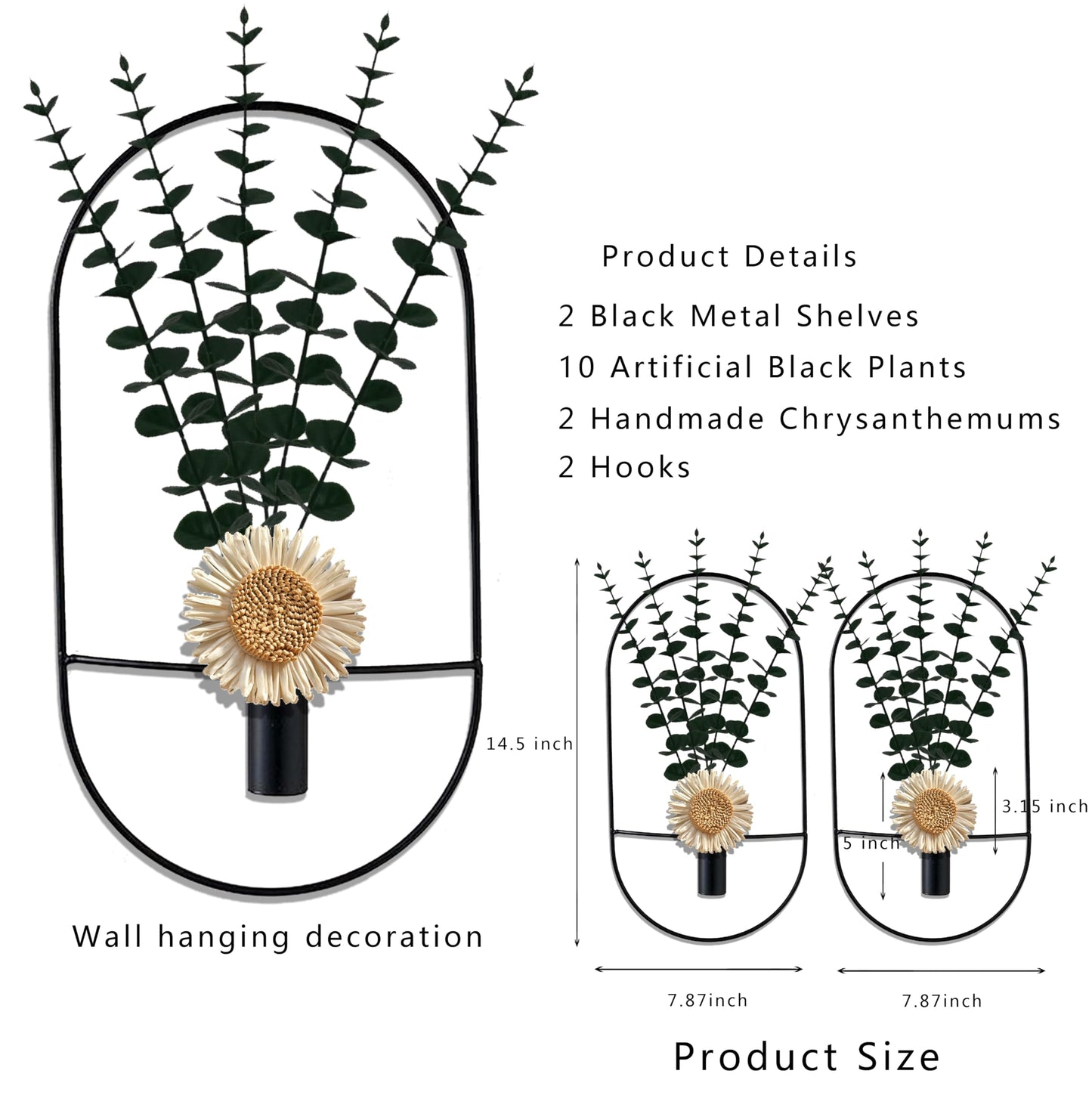 2 Pack Black Metal Wall Hanging Vase with Artificial Plants, Metal Plants Decor for Living Room, Bedroom, Bathroom, Dining Room, Fake Faux Plant Display