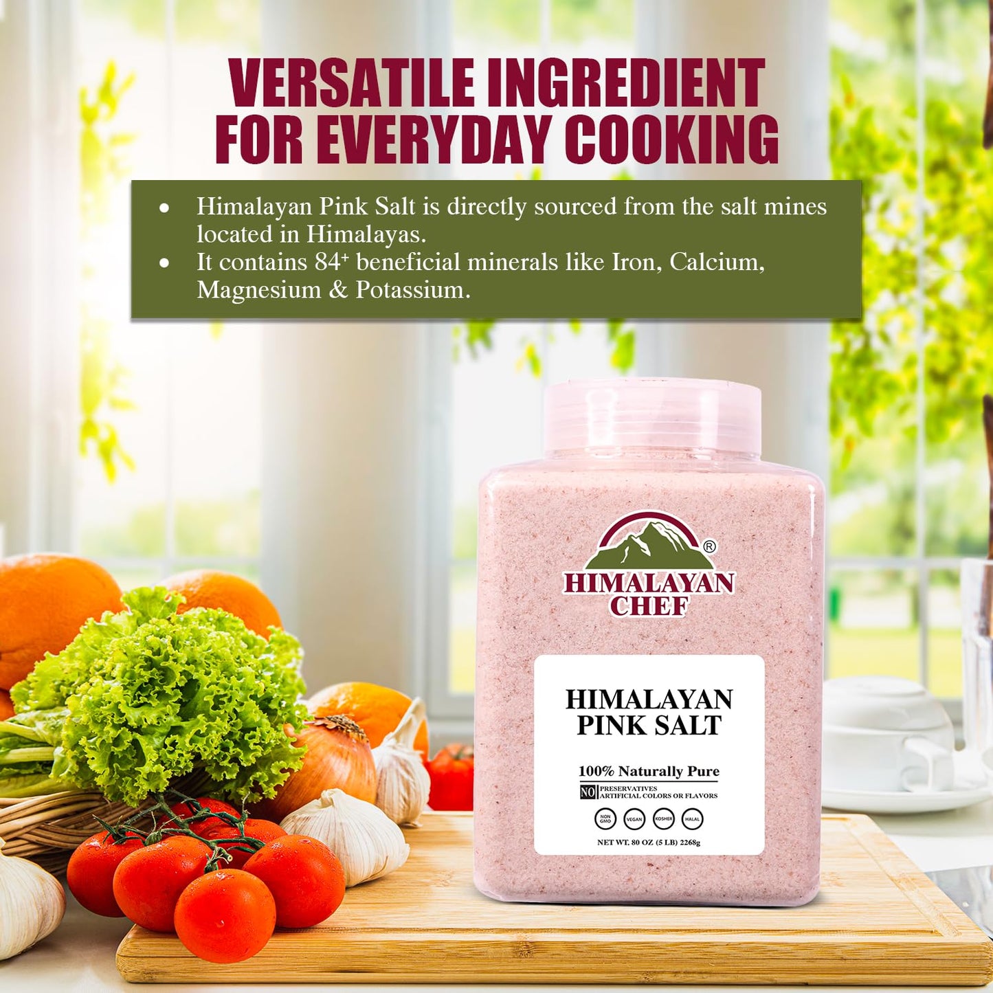 Himalayan Chef Pink Himalayan Salt, Fine Grain - 5 lbs, Organic Food Graded Pink Salt with 84 Rich Minerals, Vegan, Kosher, Non-GMO & Halal Certified, Pack of 2